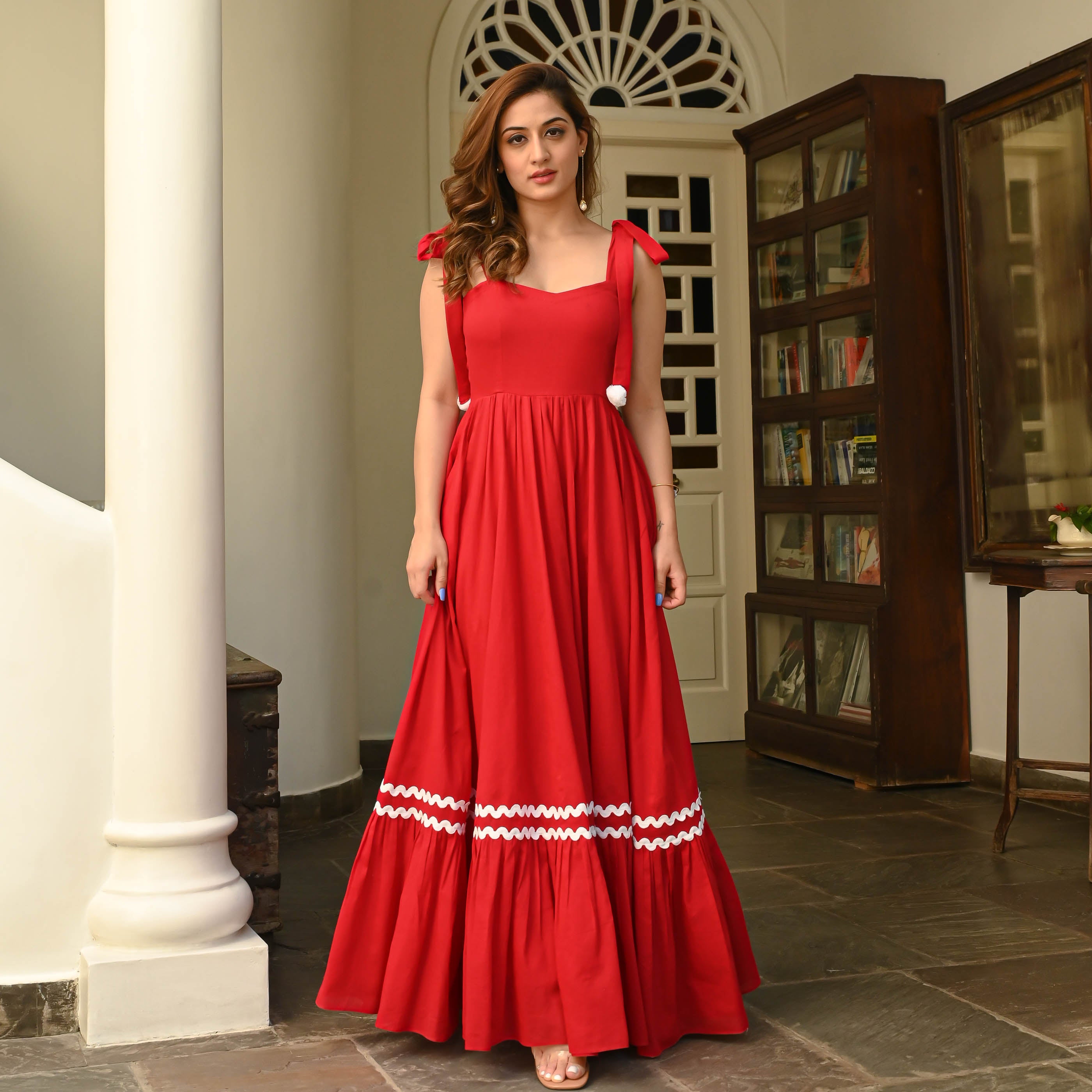 Hot Red Tie-Up Straps Designer Cotton Dress For Women Online Hot Red Tie-Up Straps Designer Cotton Dress For Women Online