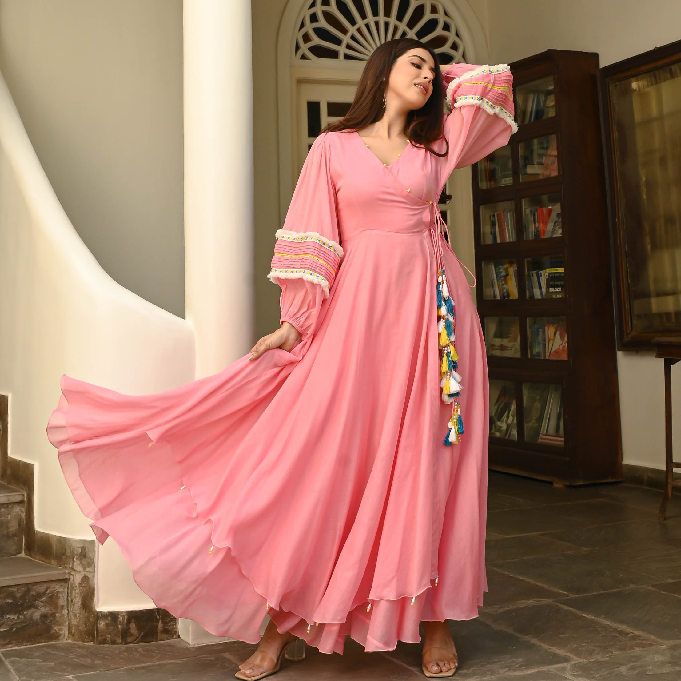 cotton tassel dress Bohemian White Long-sleeved Cotton Tassel Maxi Dress with Suede Embroi Jolly Vintage