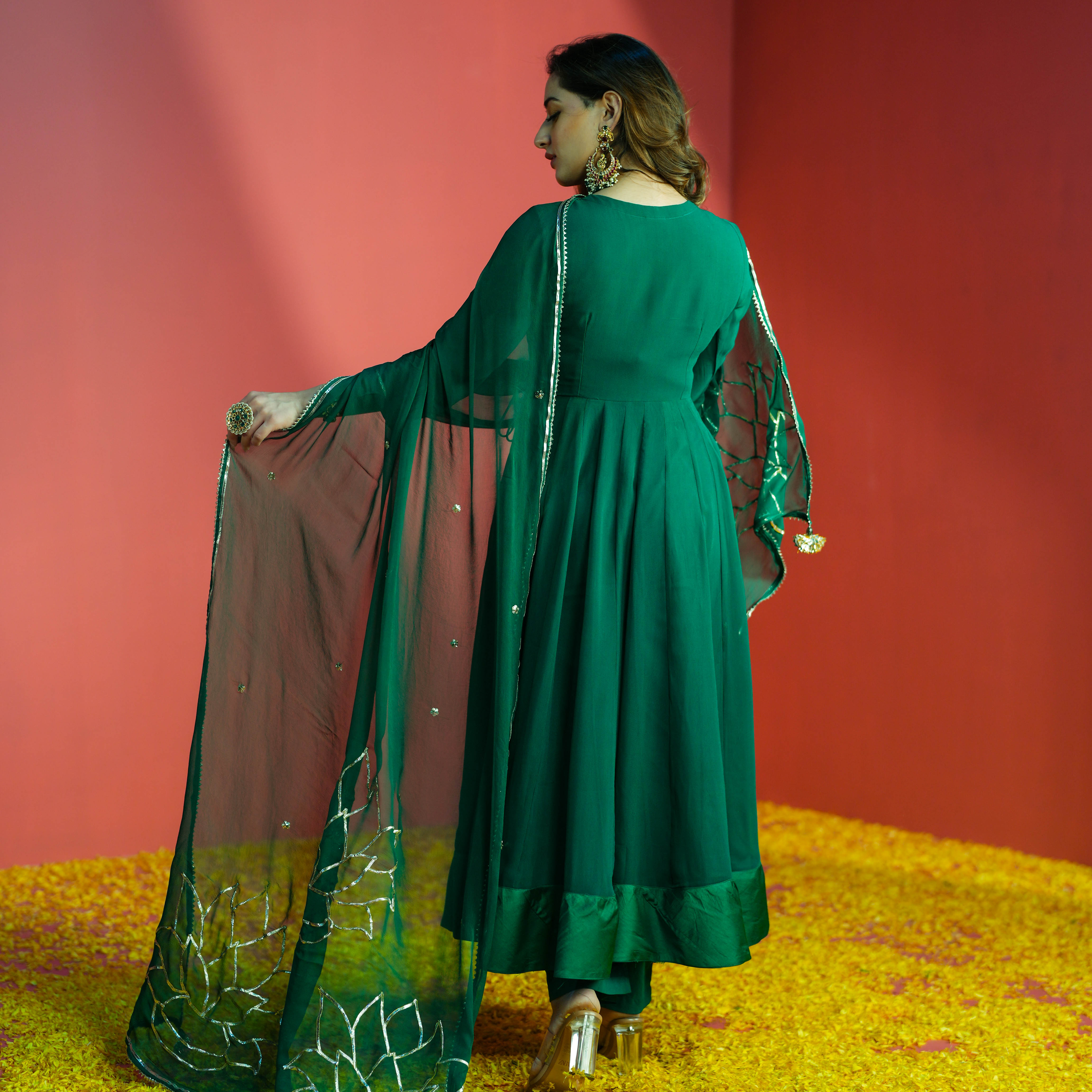 Buy Emerald Green Georgette Anarkali Suit Set Online- Bunaai
