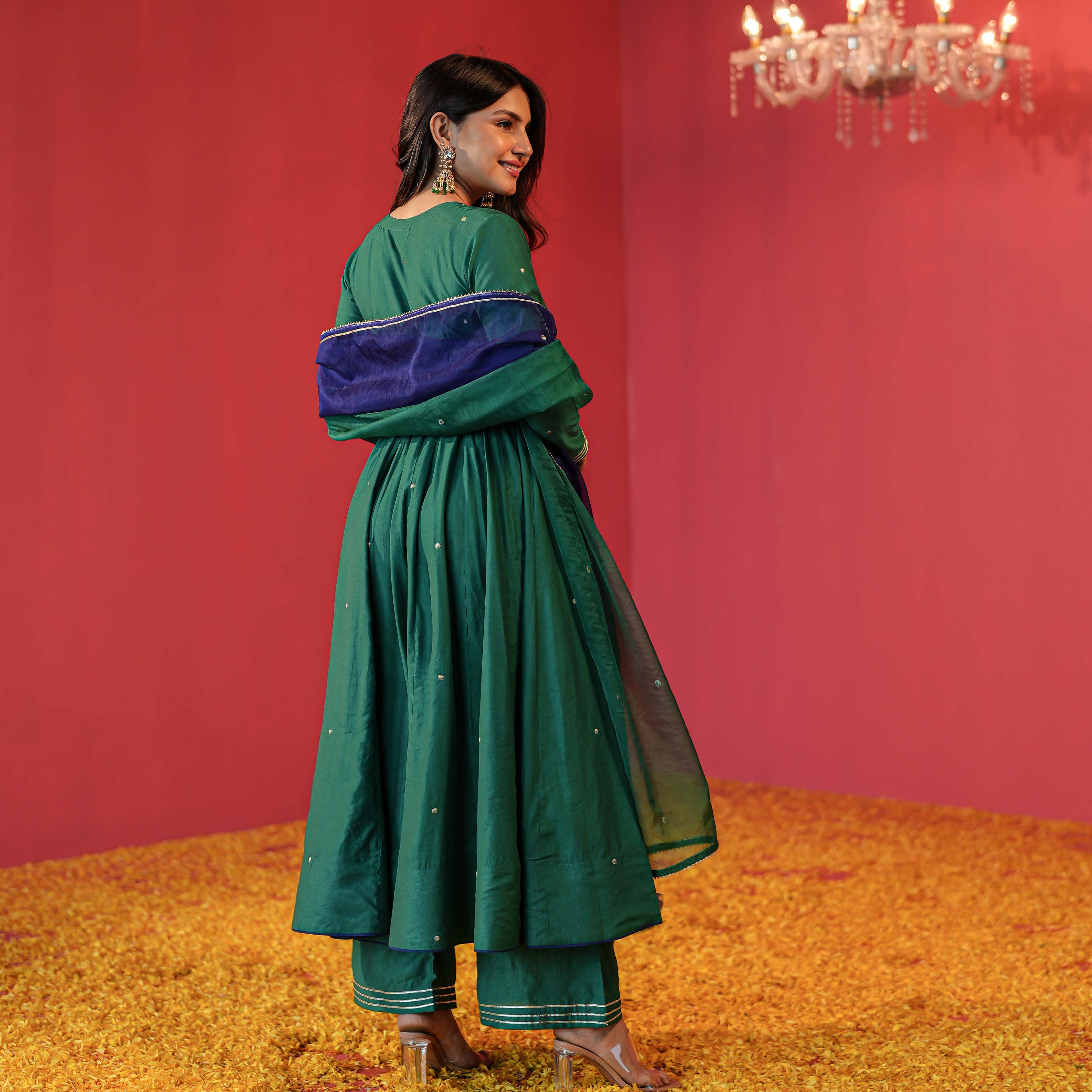 Dark Green Chanderi Anarkali Suit Set for Women Online