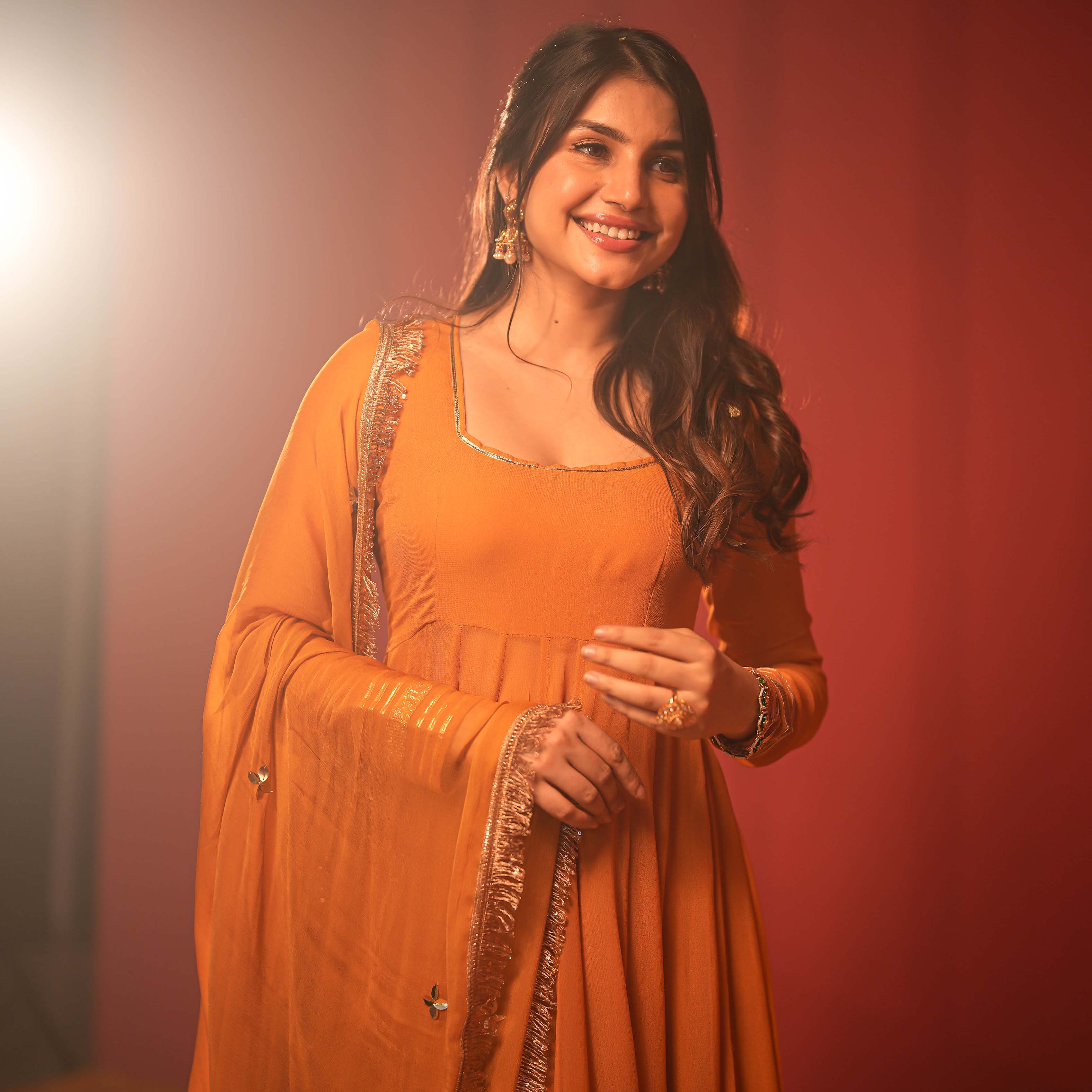 Ochre Designer Georgette Anarkali Suit Set With Dupatta Online Ochre Designer Georgette Anarkali Suit Set With Dupatta Online