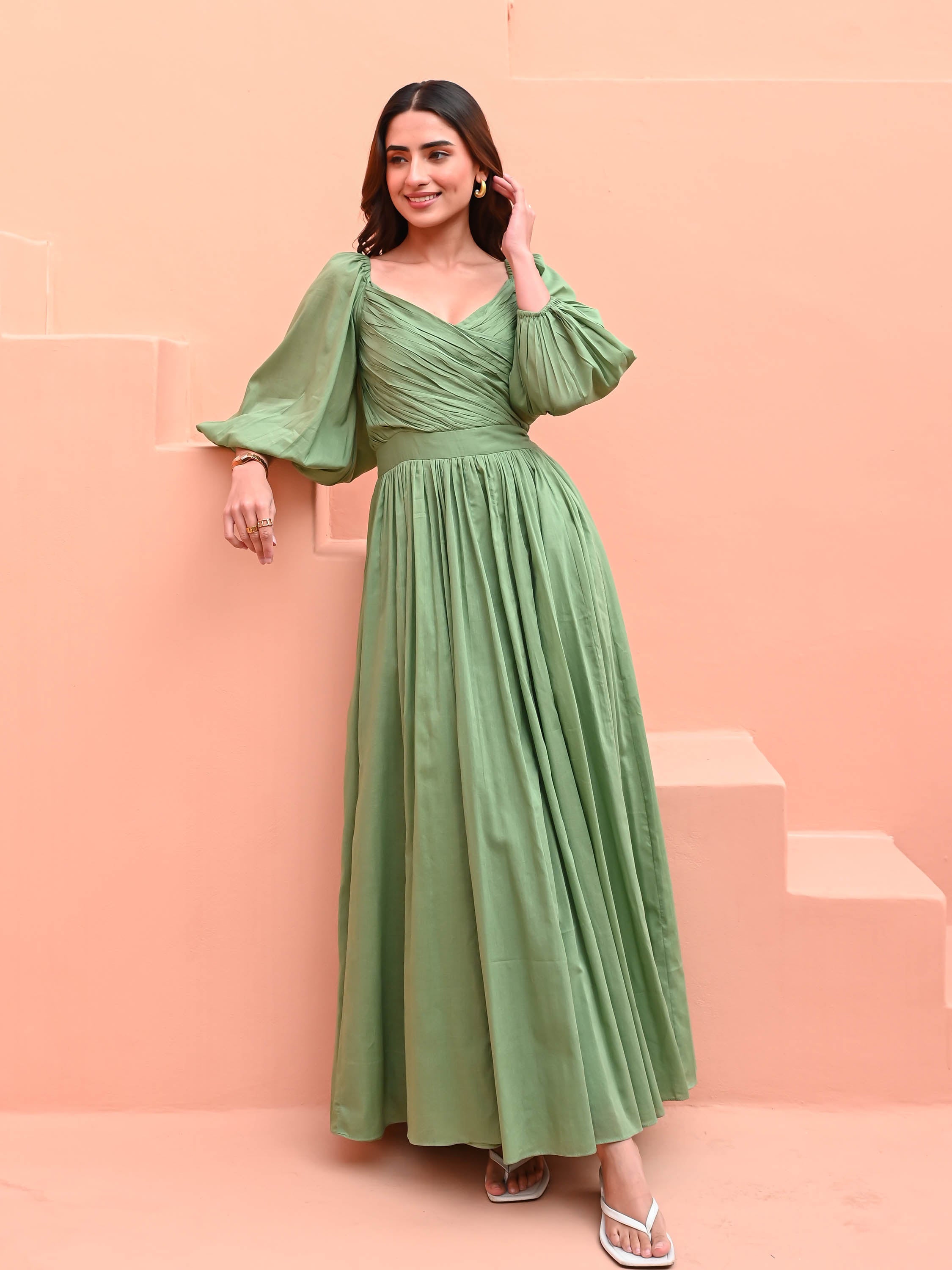 rust and green dress Sabrina | Dark Green And Rust Embroidered Plunge-Neck Midi Dress