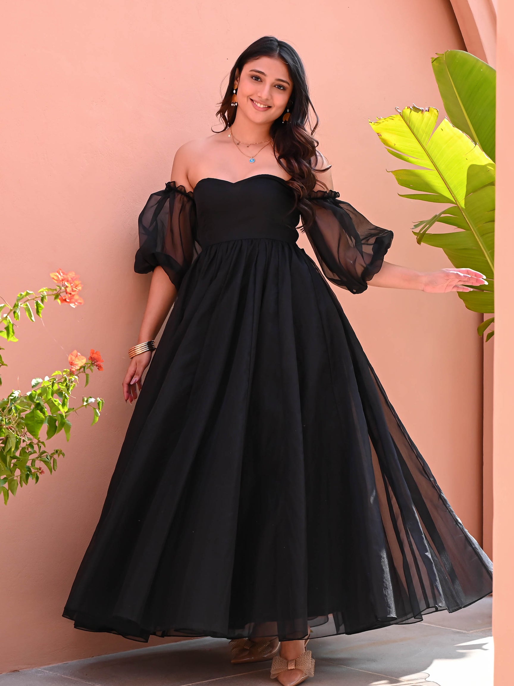 organza dress black Fitted Long Dress with Ruffled Organza Overdress – John Paul Ataker main image 1