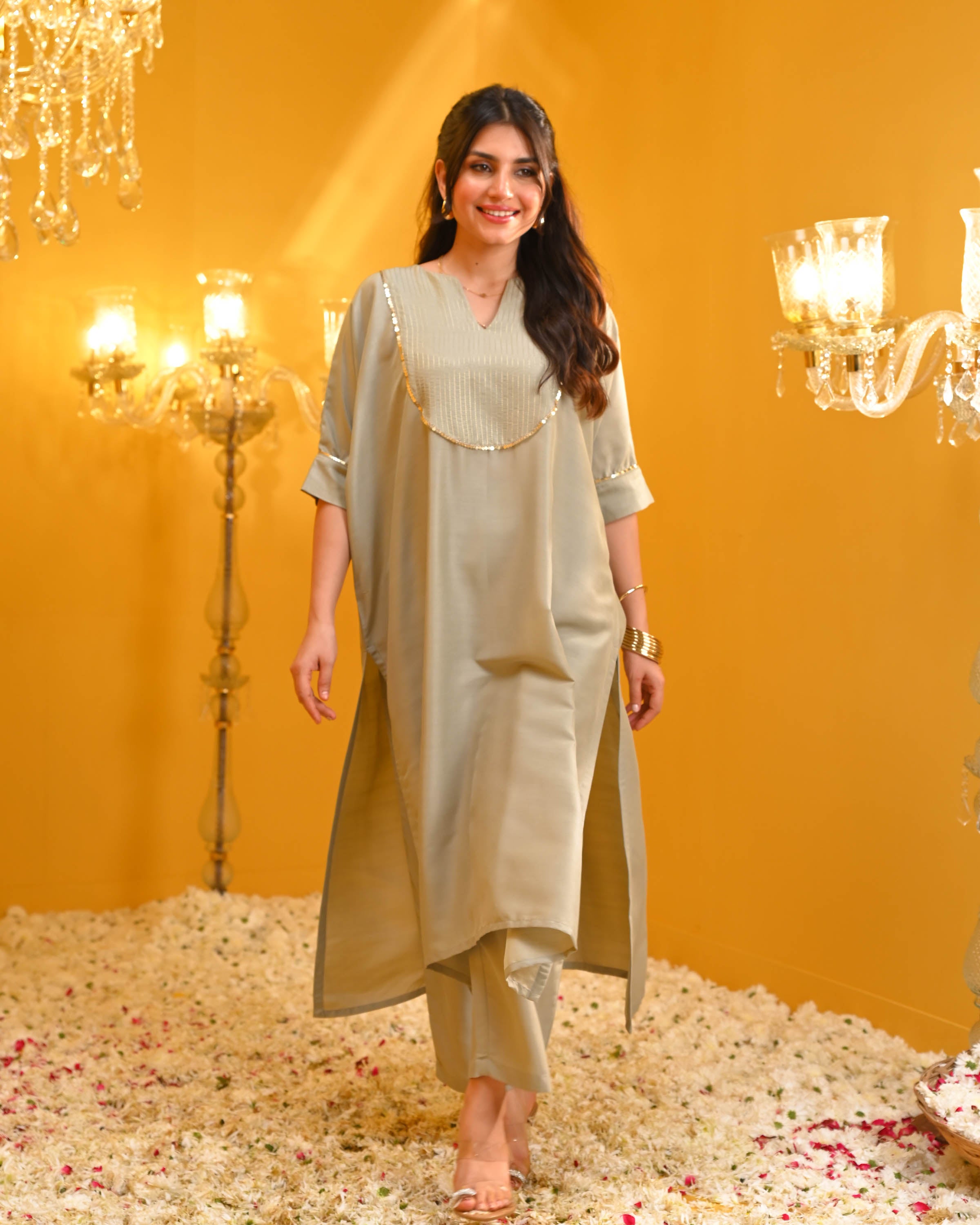 Light Grey Chinon Silk Kaftan Co Ord Set For Women Online