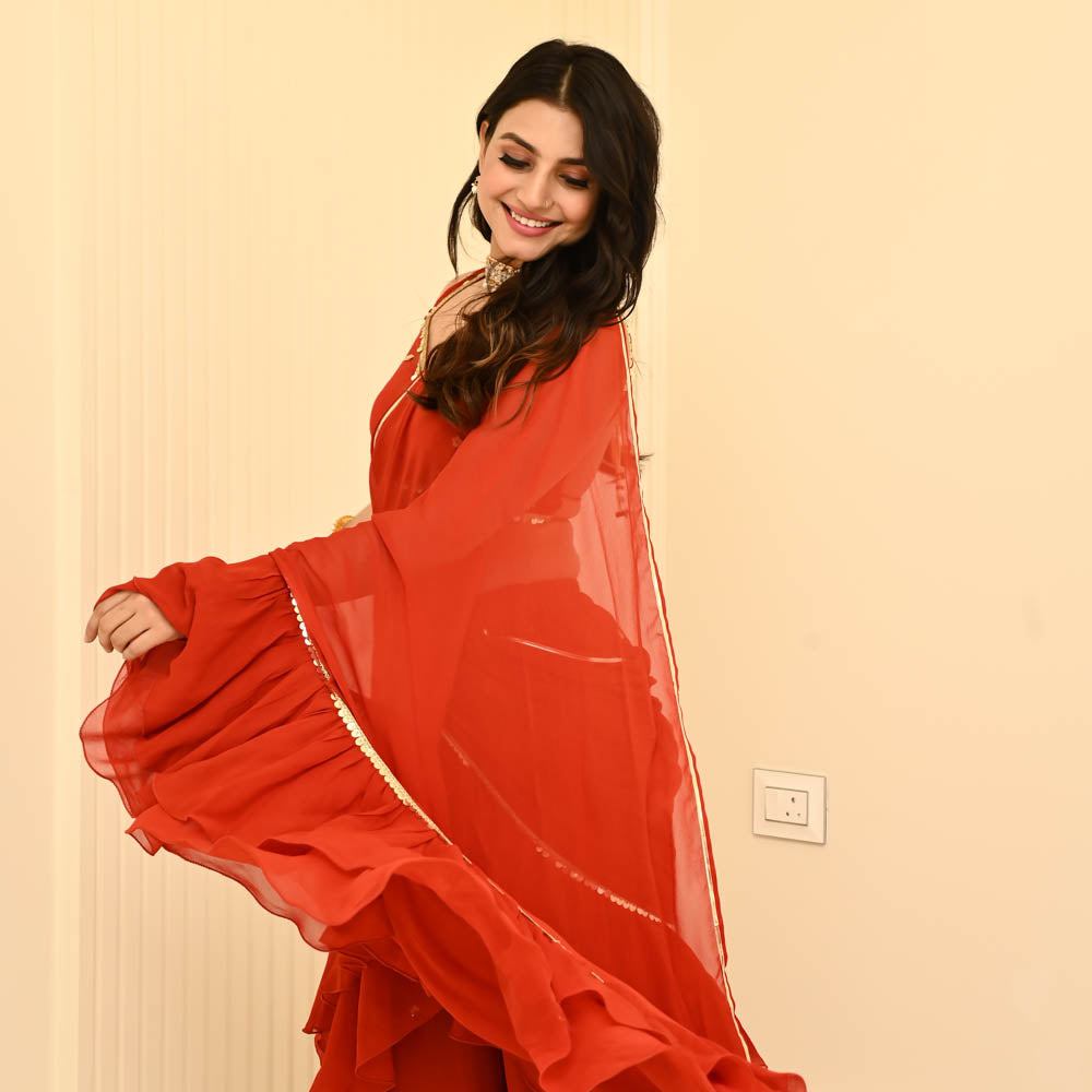 Rust Red Designer Georgette Draped Saree For Women Online