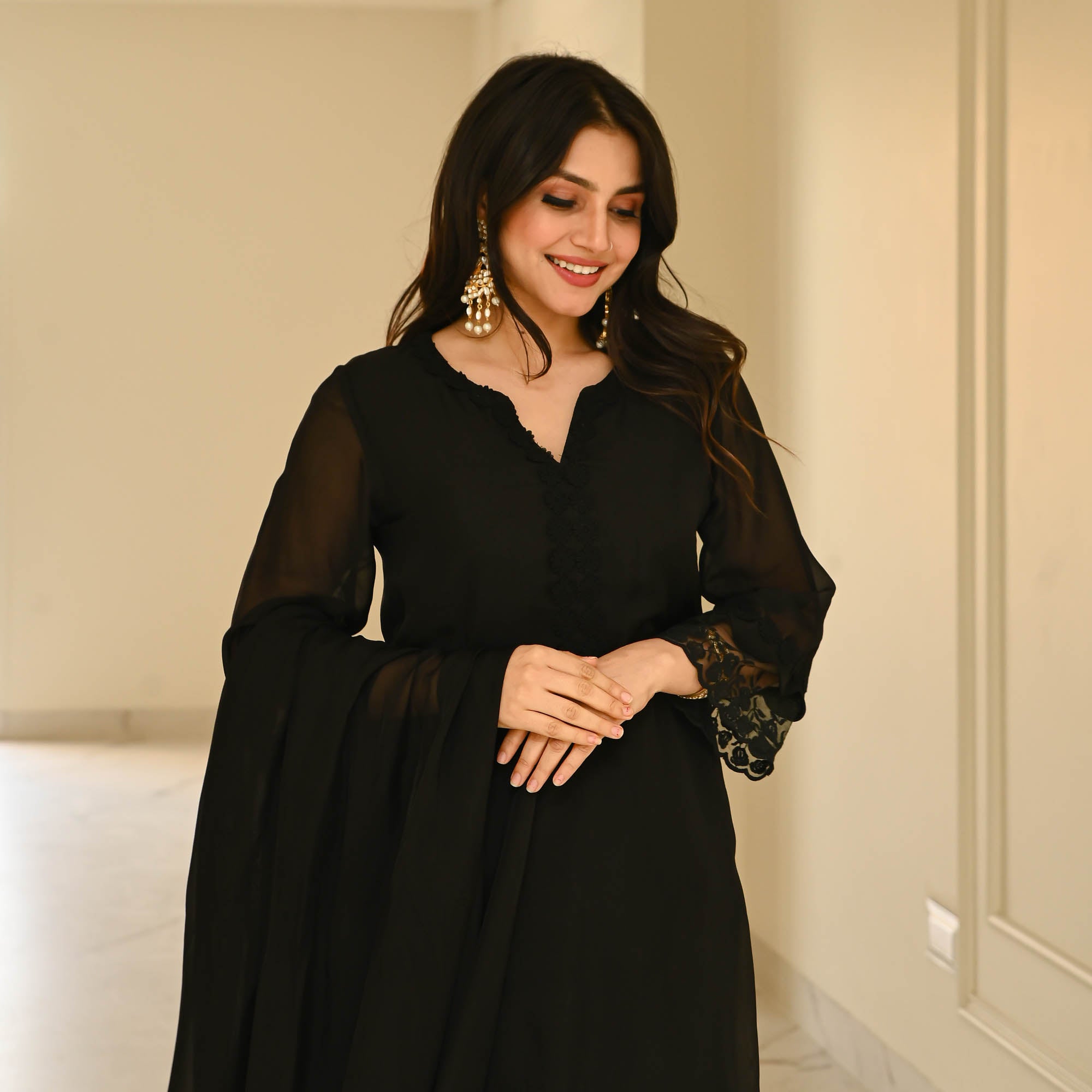 Black Designer Organza With Lace Suit Set For Women Online