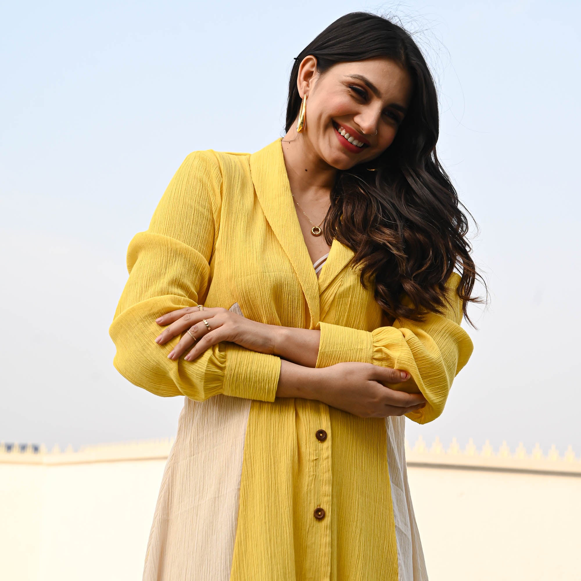 Yellow Cream Crushed Cotton Designer Co ord Set For Women Online