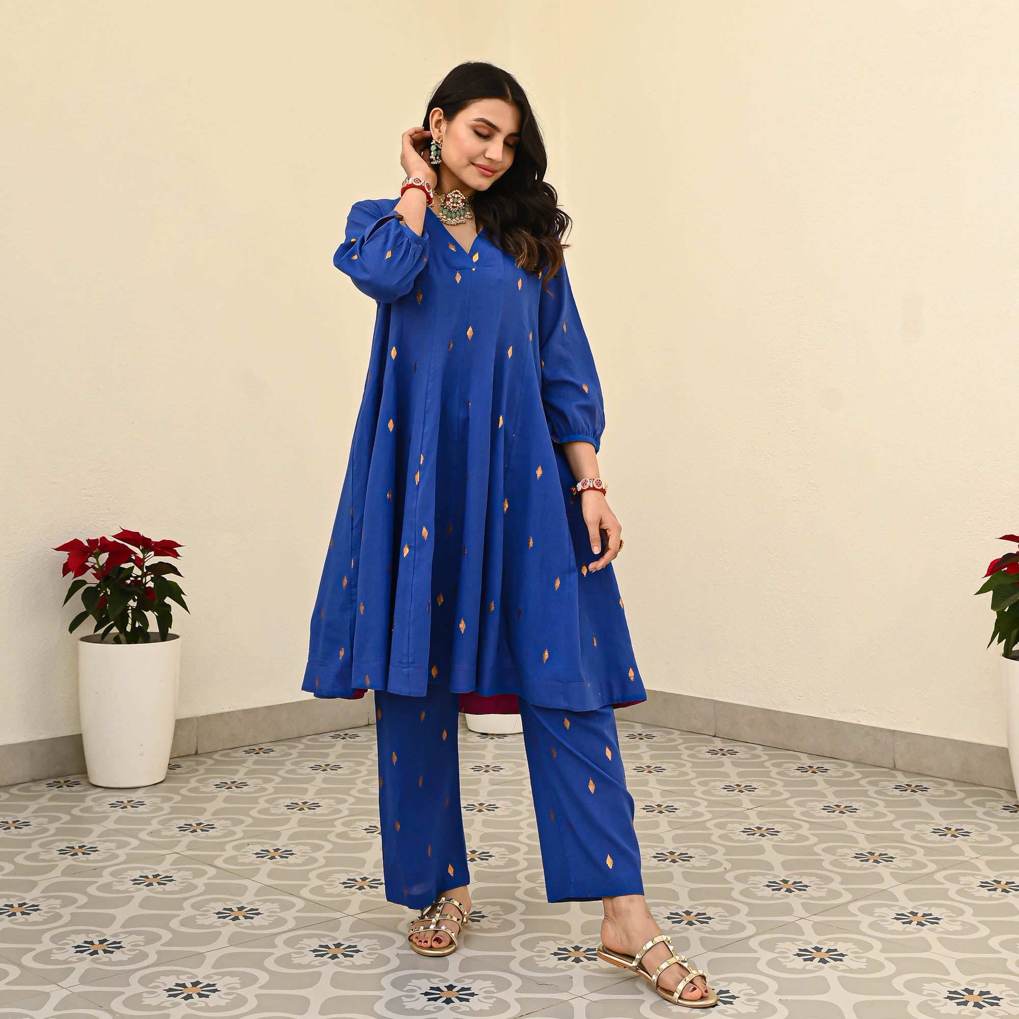 Victoria Blue Cotton Lurex Designer Co-ord Set For Women Online