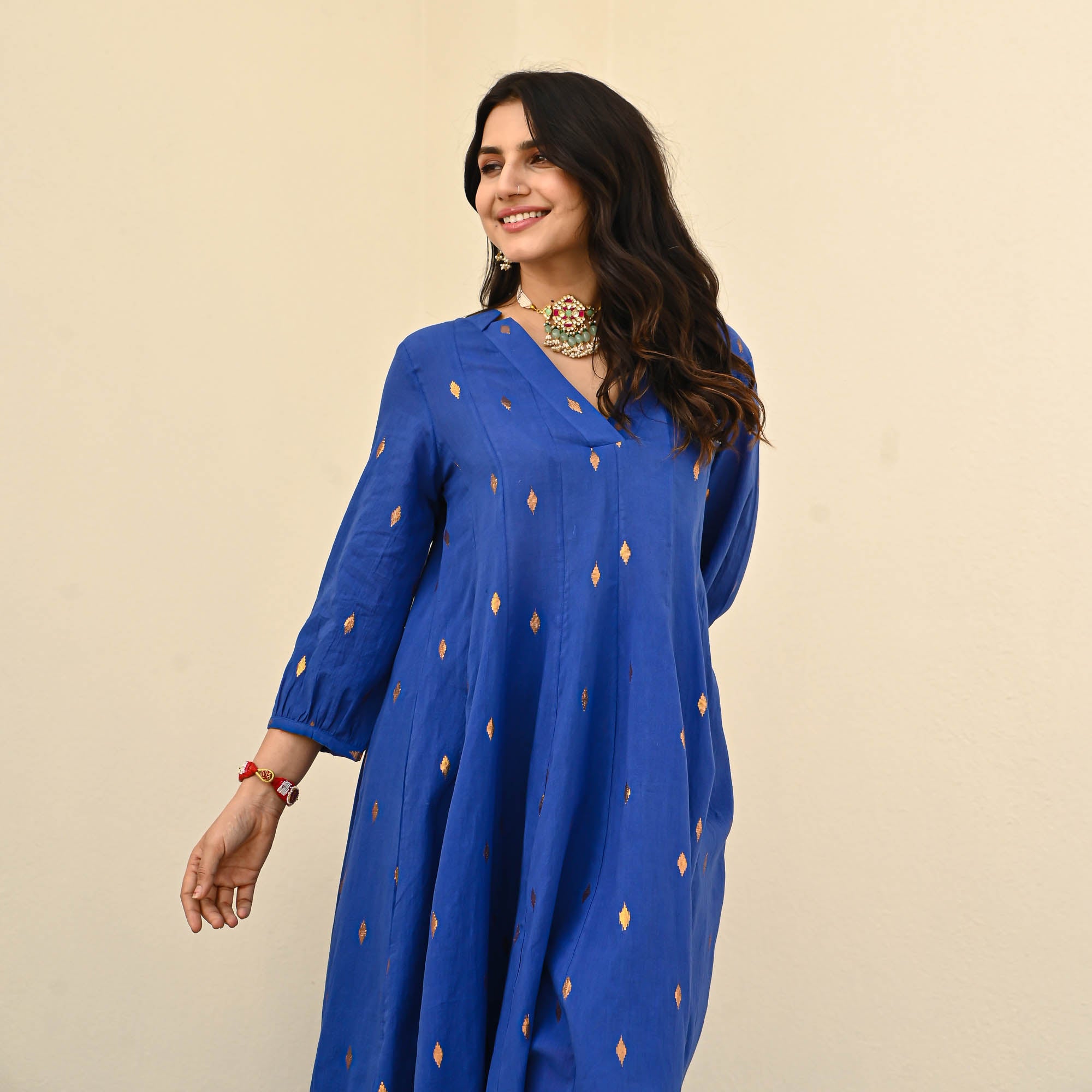 Victoria Blue Cotton Lurex Designer Co-ord Set For Women Online