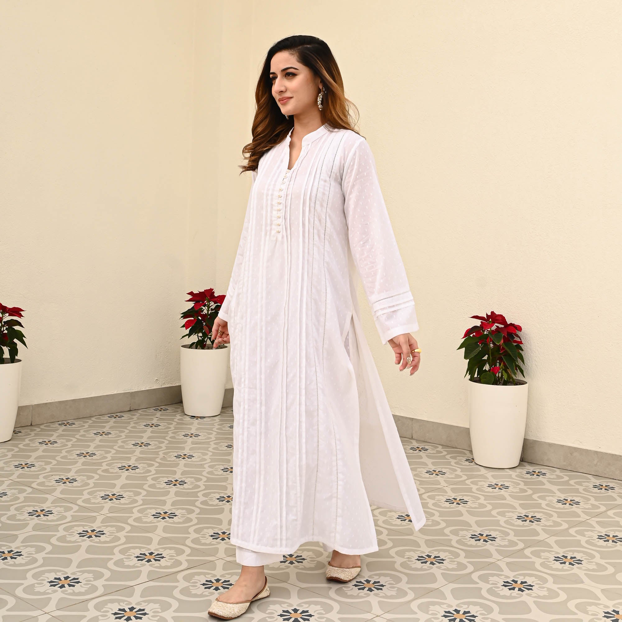 White Cotton Dobby Designer Co-ord Set For Women Online