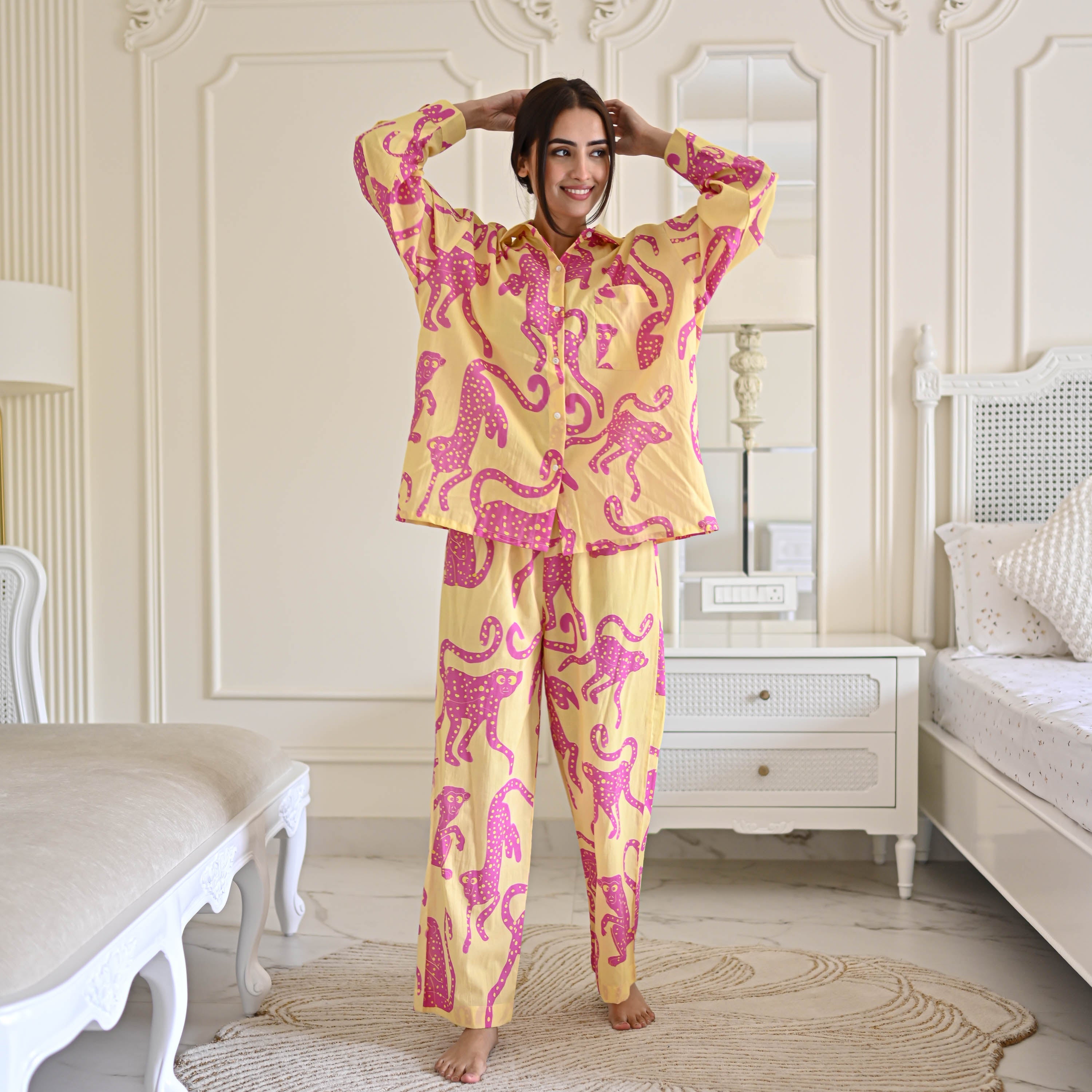 Monkey Print Yellow Cotton Pyjama Set For Women Online