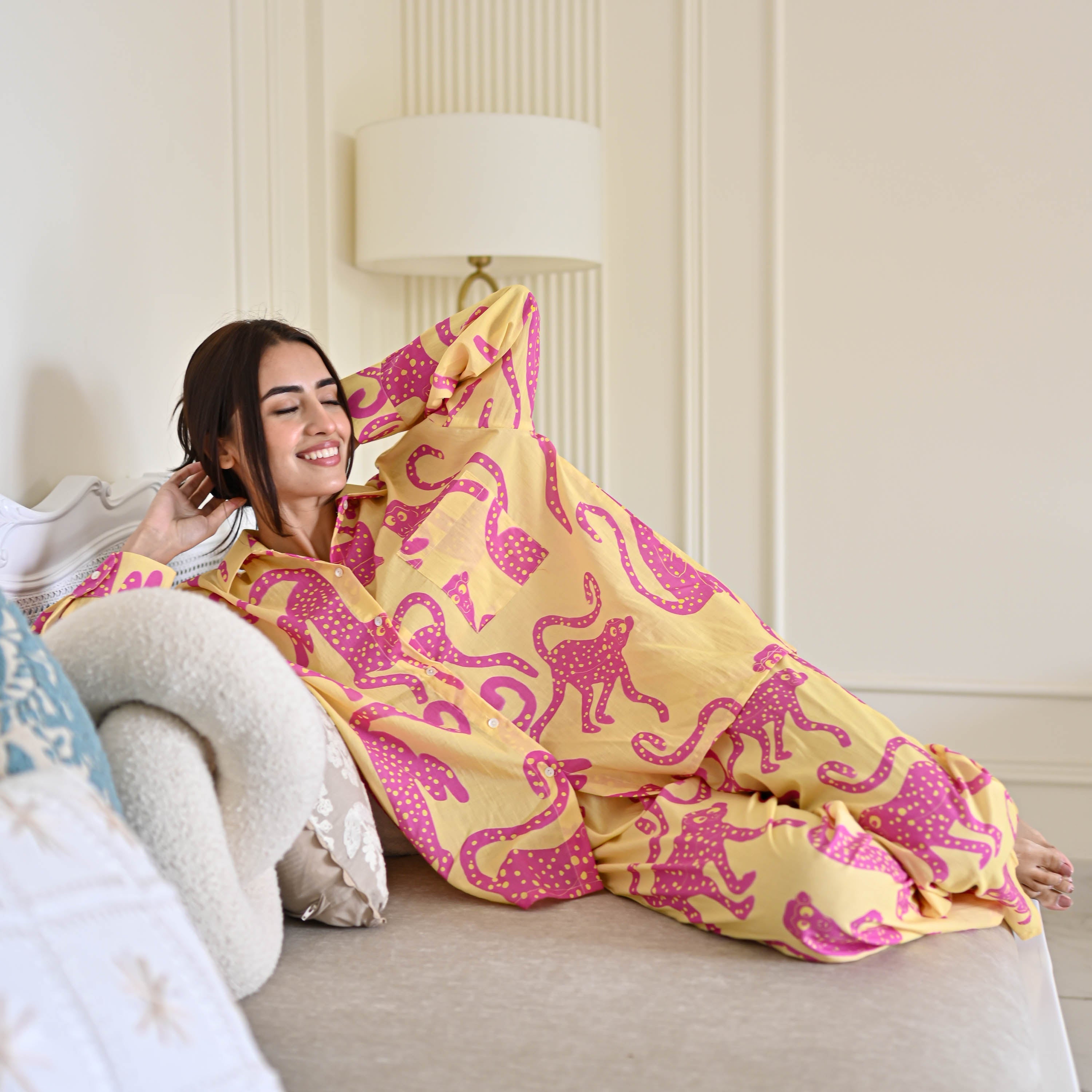 Monkey Print Yellow Cotton Pyjama Set For Women Online