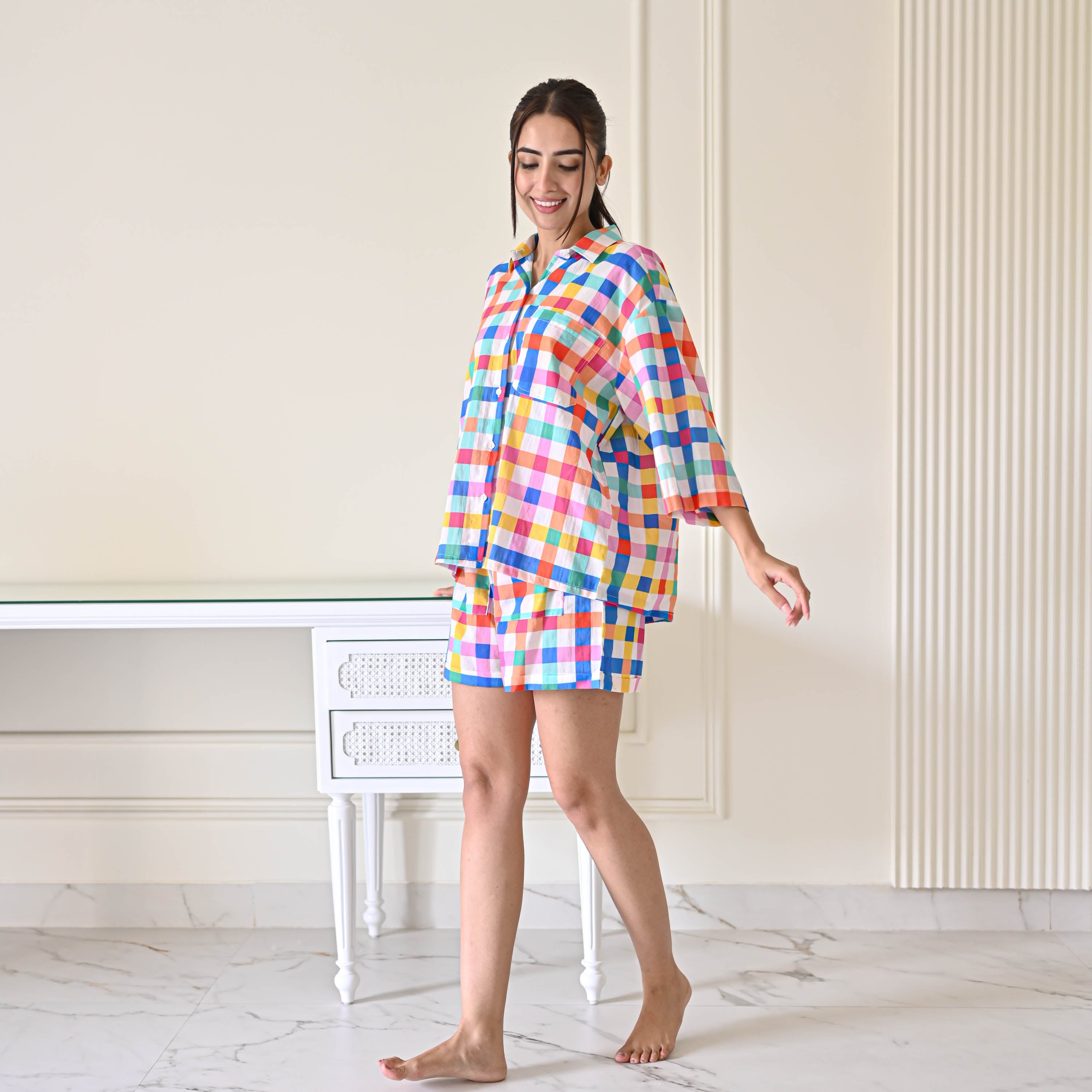 Checks Print Cotton Shorts Set For Women Online