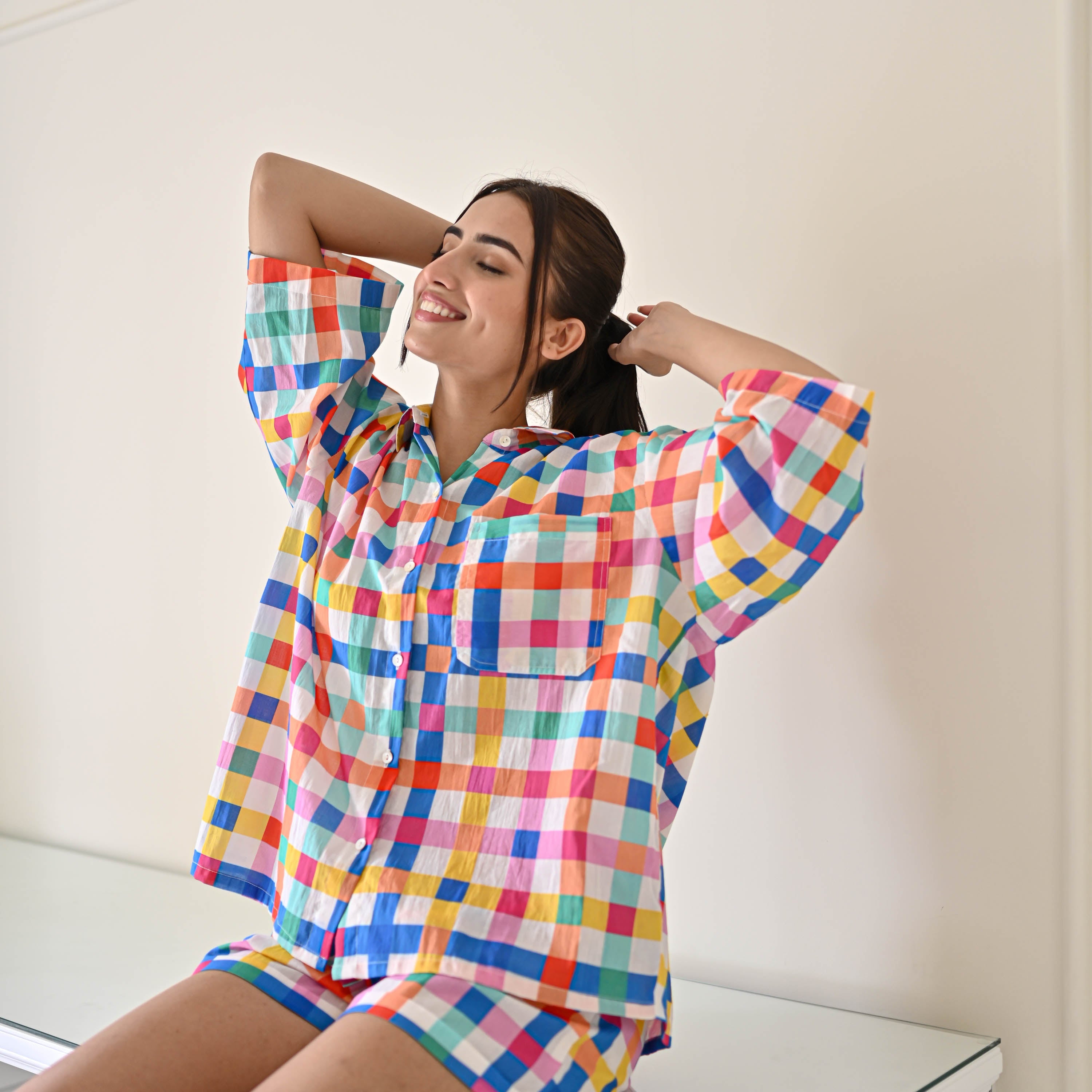Checks Print Cotton Shorts Set For Women Online