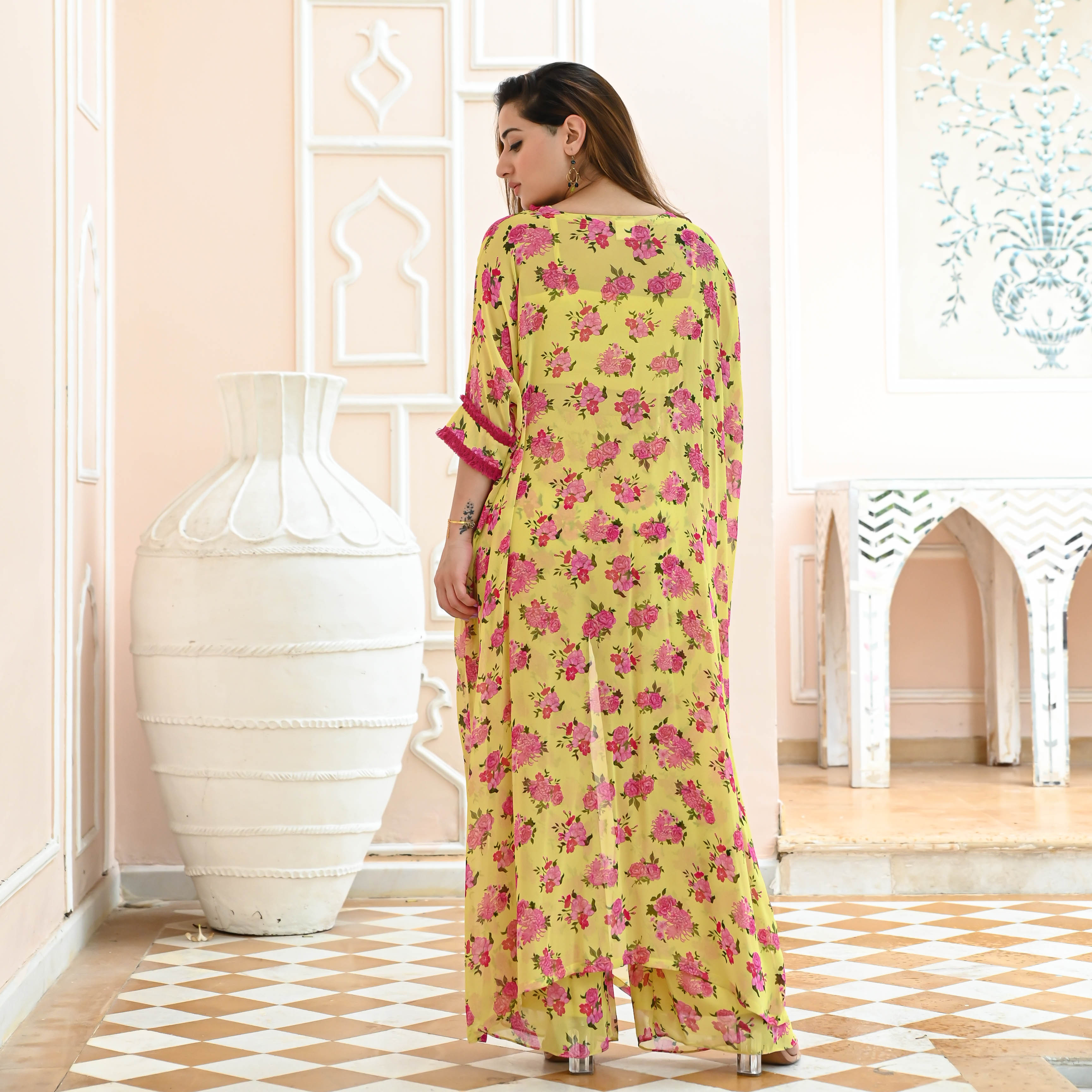 Yellow Pink Georgette Floral Co-ord Set for Women Online