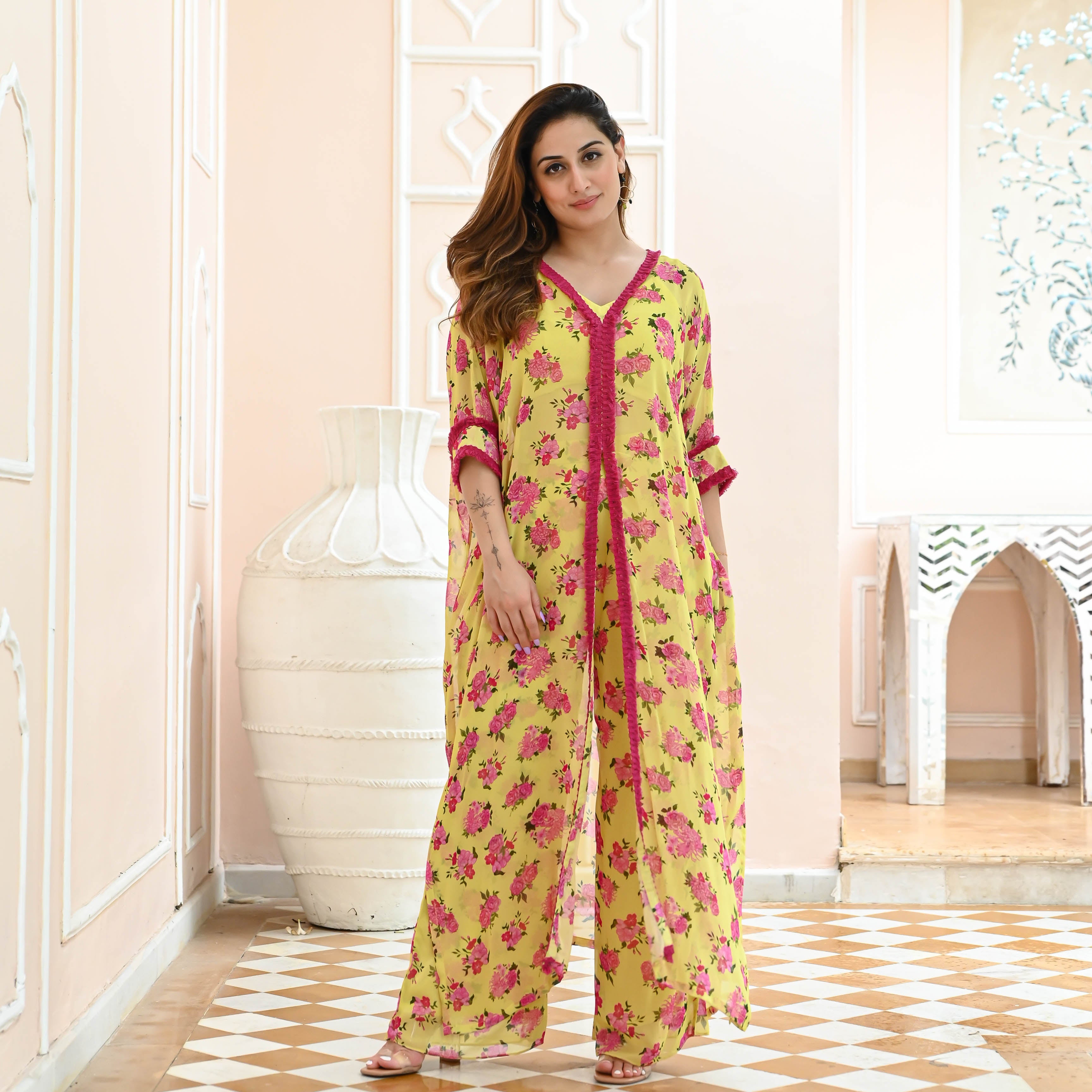 Yellow Pink Georgette Floral Co-ord Set for Women Online