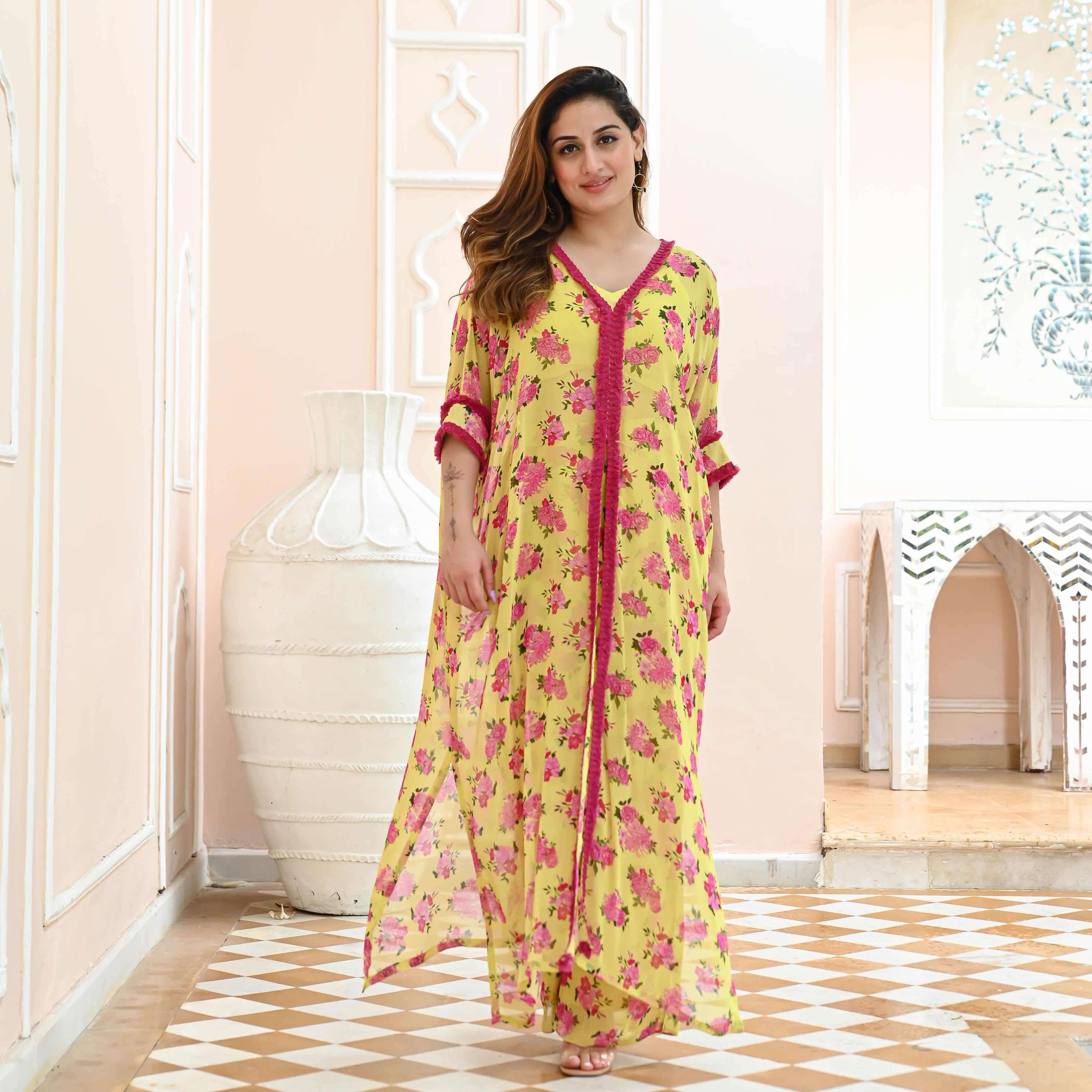 Pink Yellow Floral Designer Georgette Co-ord Set For Women Online
