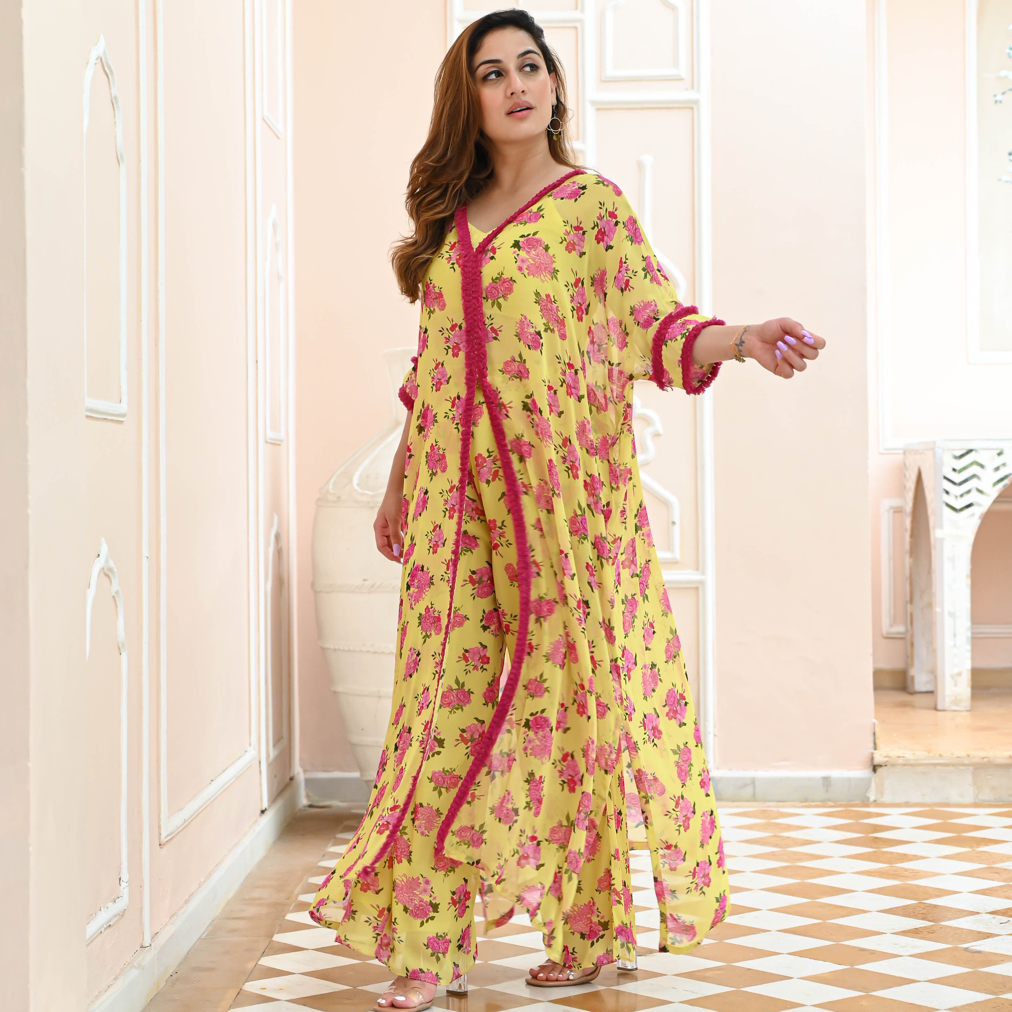 Yellow Pink Georgette Floral Co-ord Set for Women Online