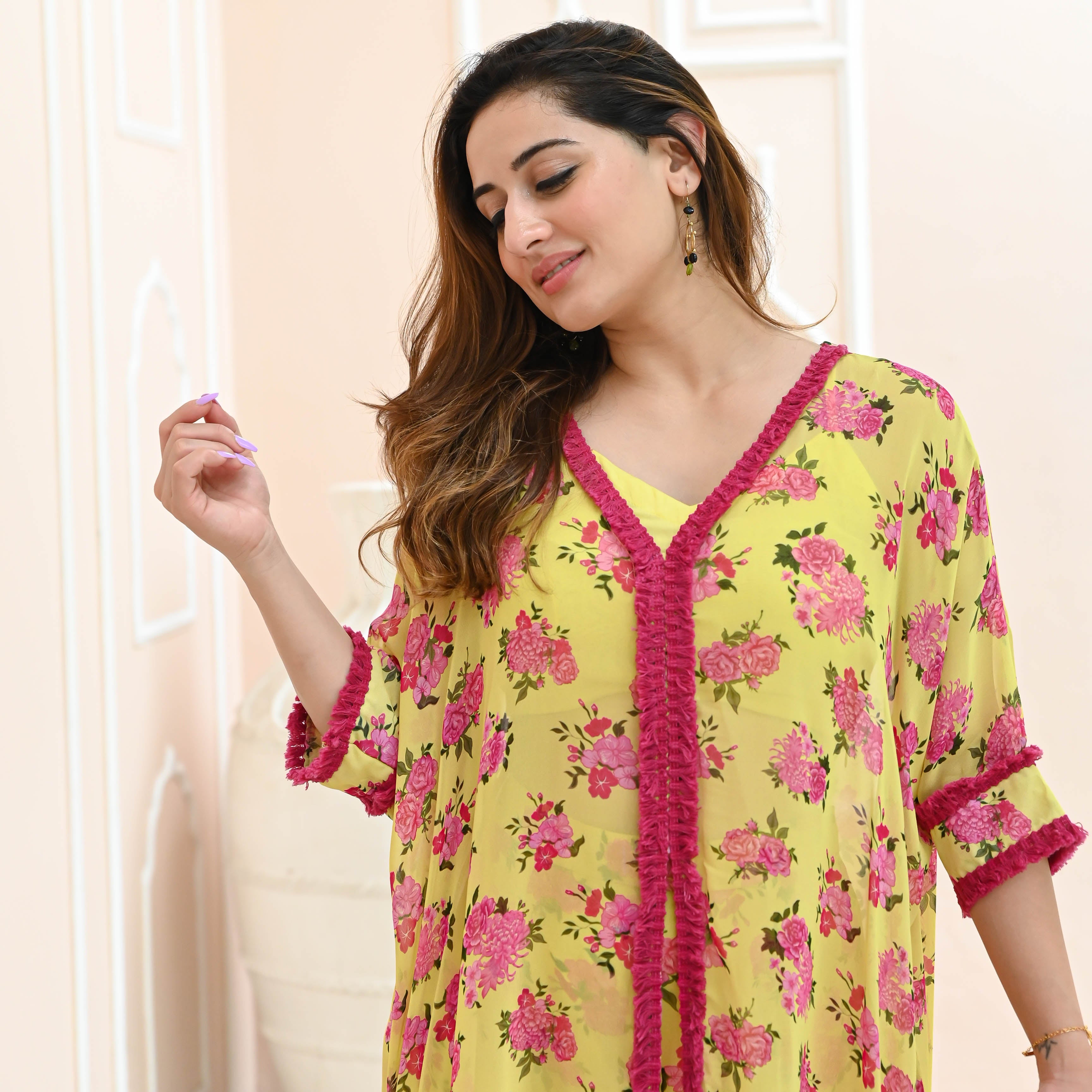 Pink Yellow Floral Designer Georgette Co-ord Set For Women Online