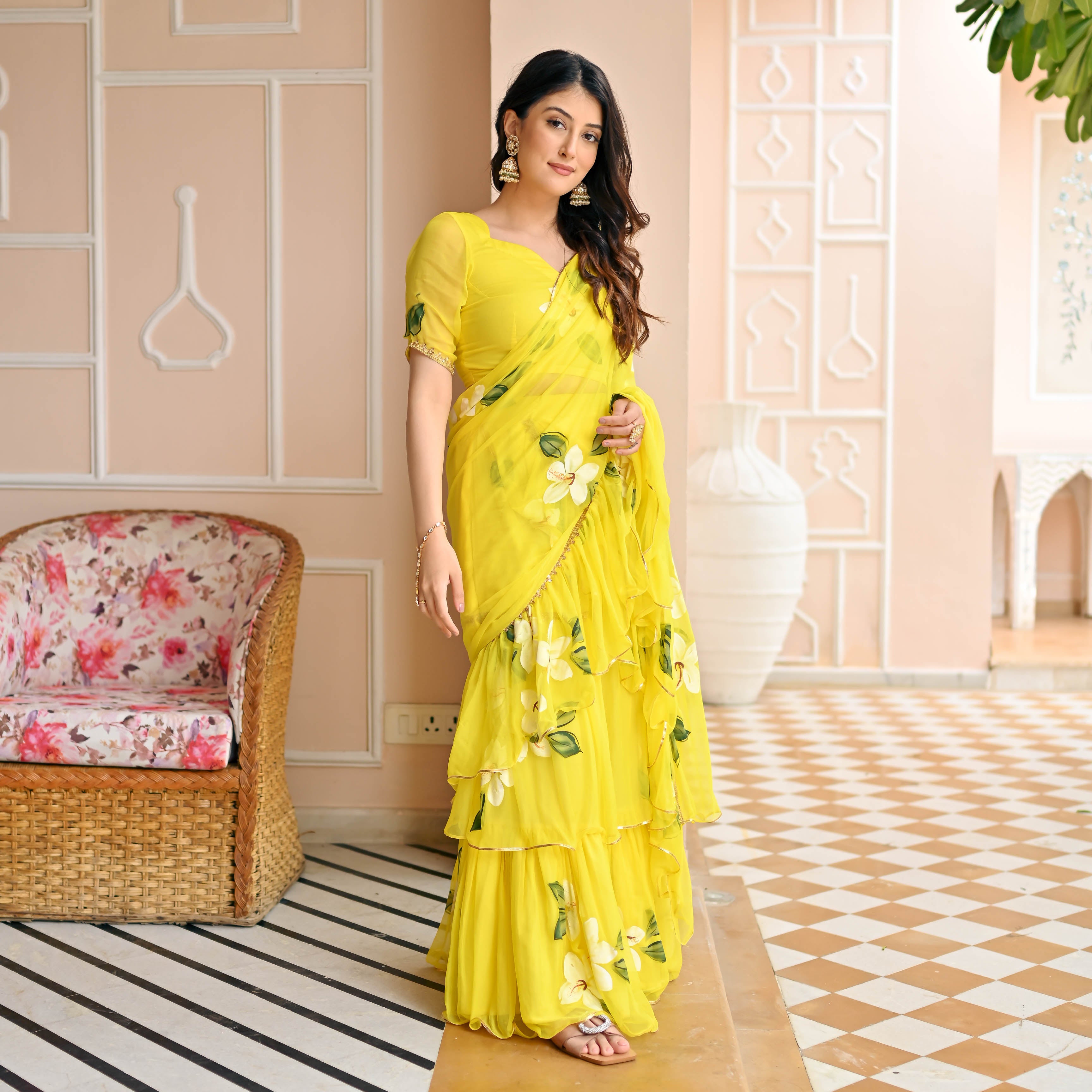 Yellow Handpainted Saree for Women Online