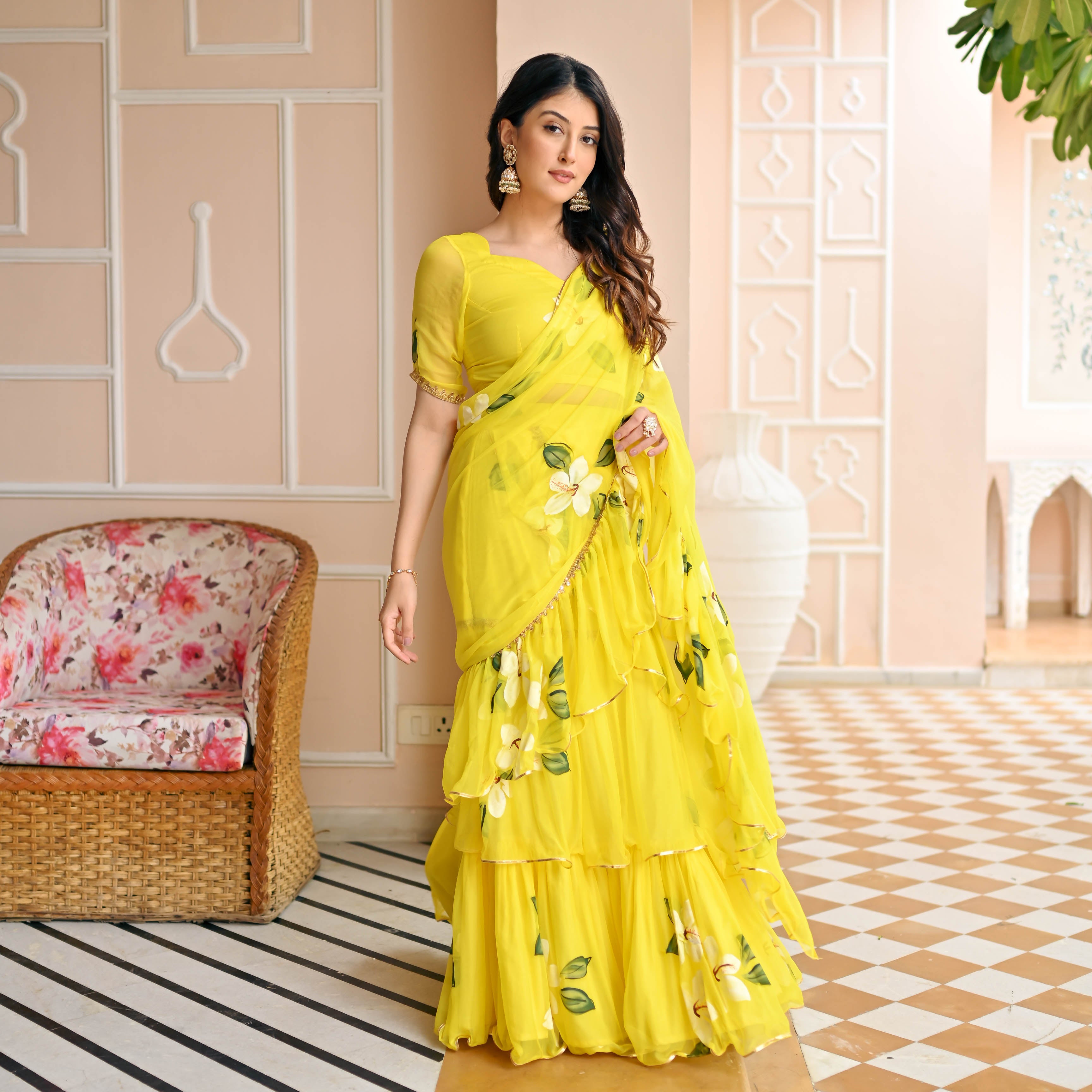 Yellow Handpainted Saree for Women Online