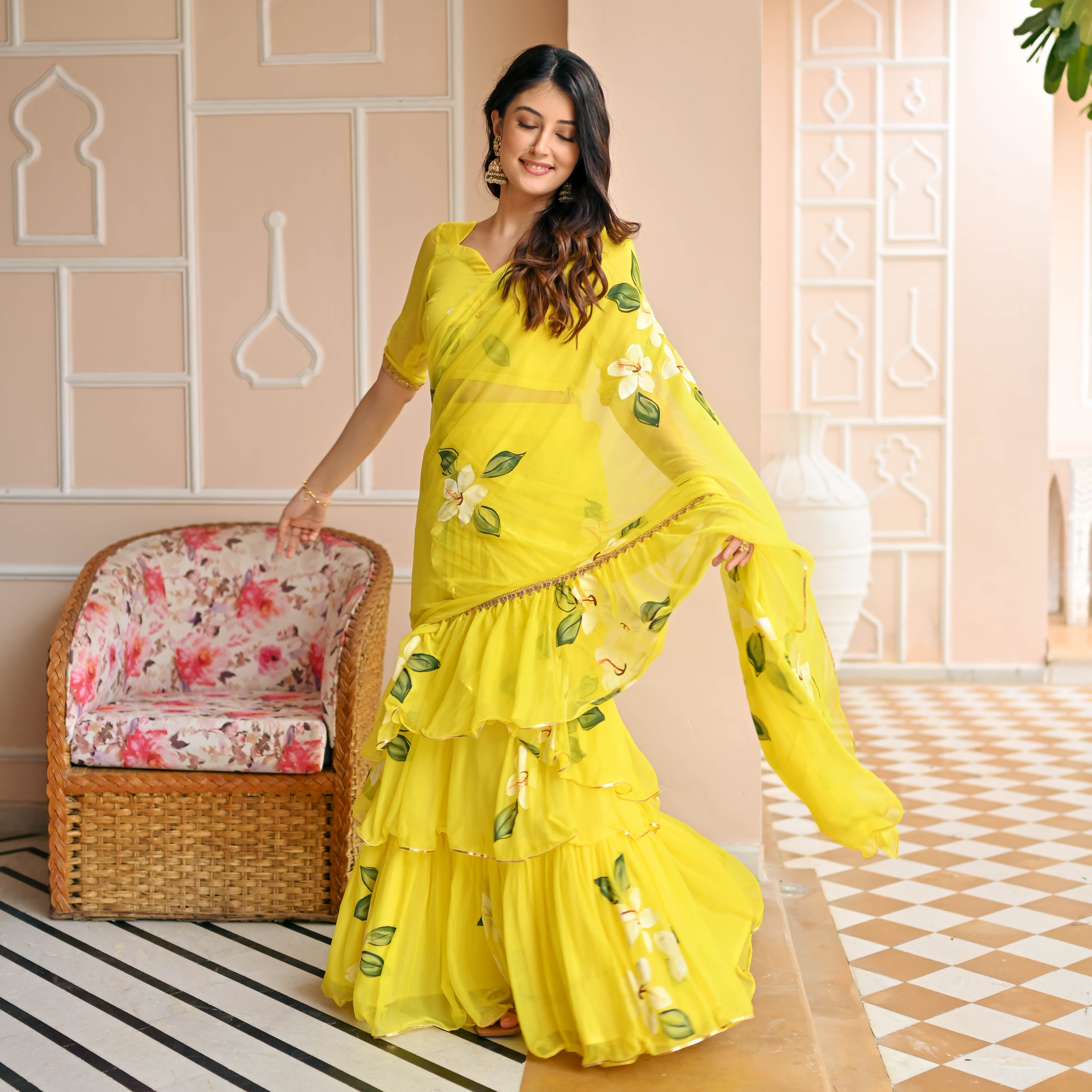 Yellow Handpainted Saree for Women Online