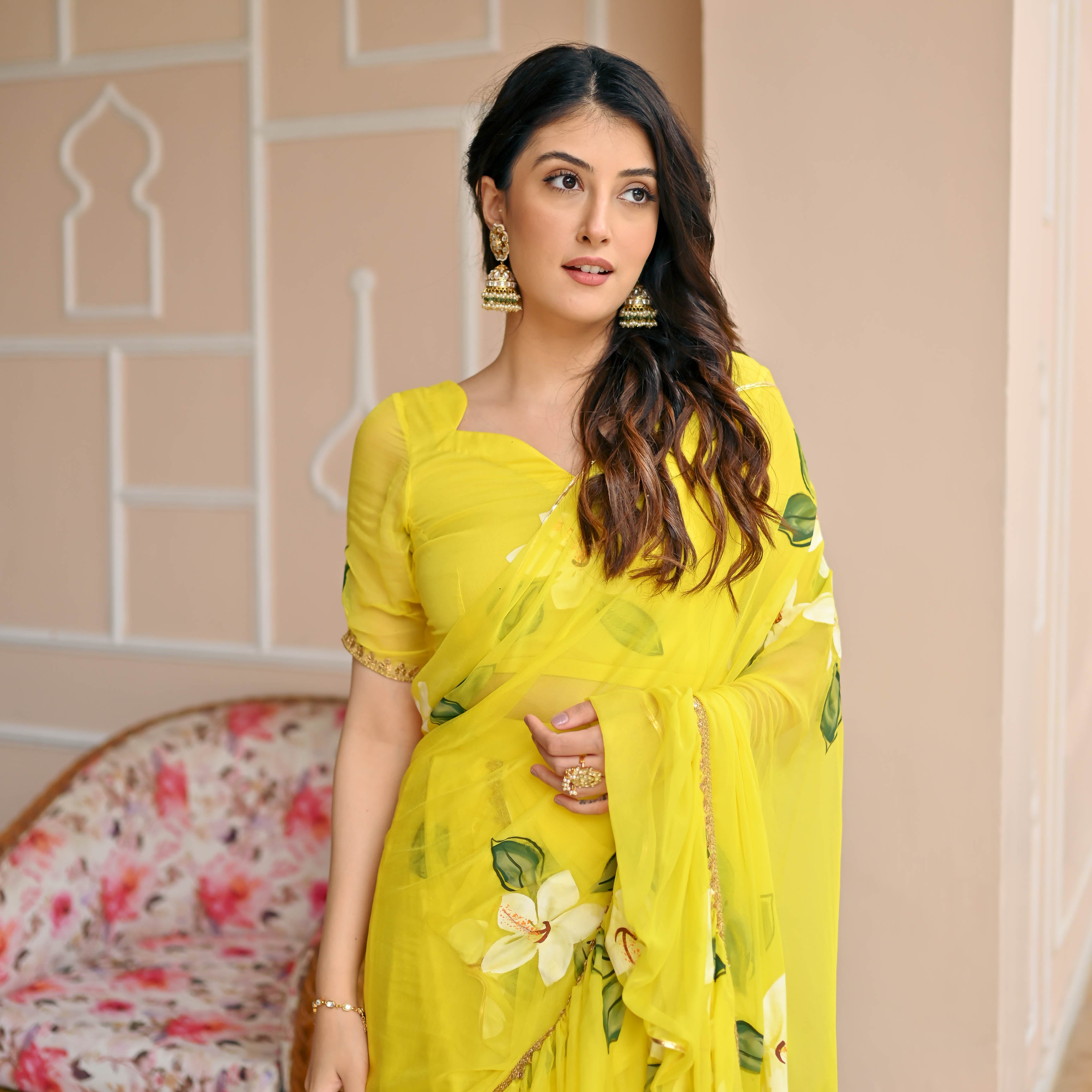 Yellow Handpainted Saree for Women Online