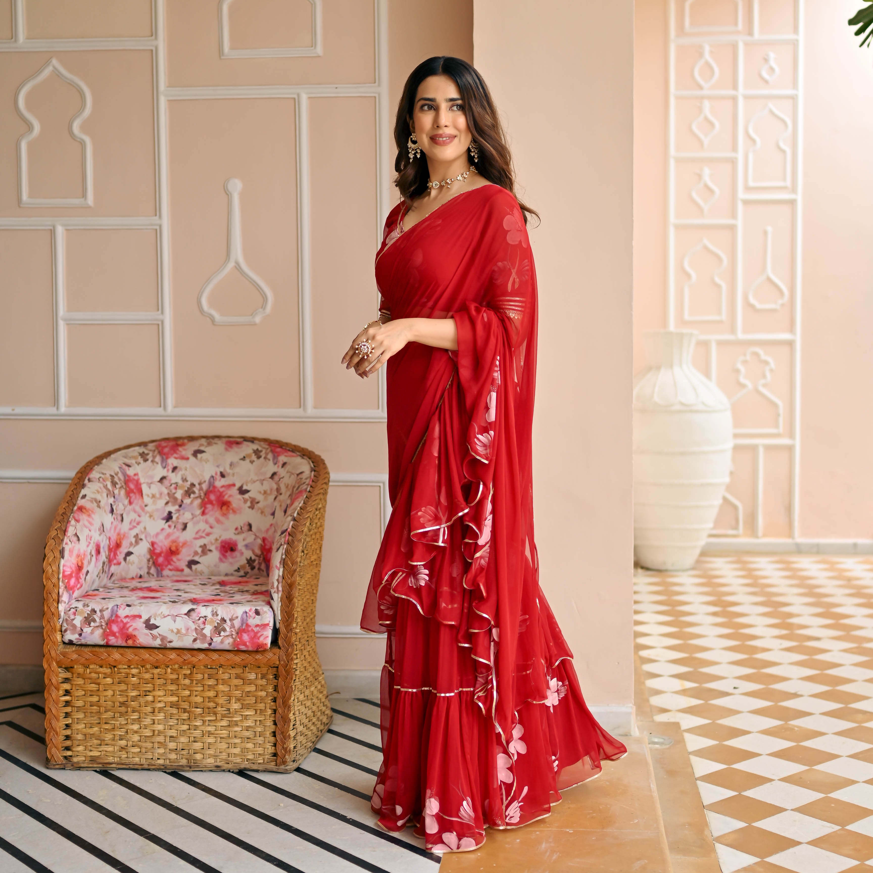 Red Handpainted Saree for Women Online