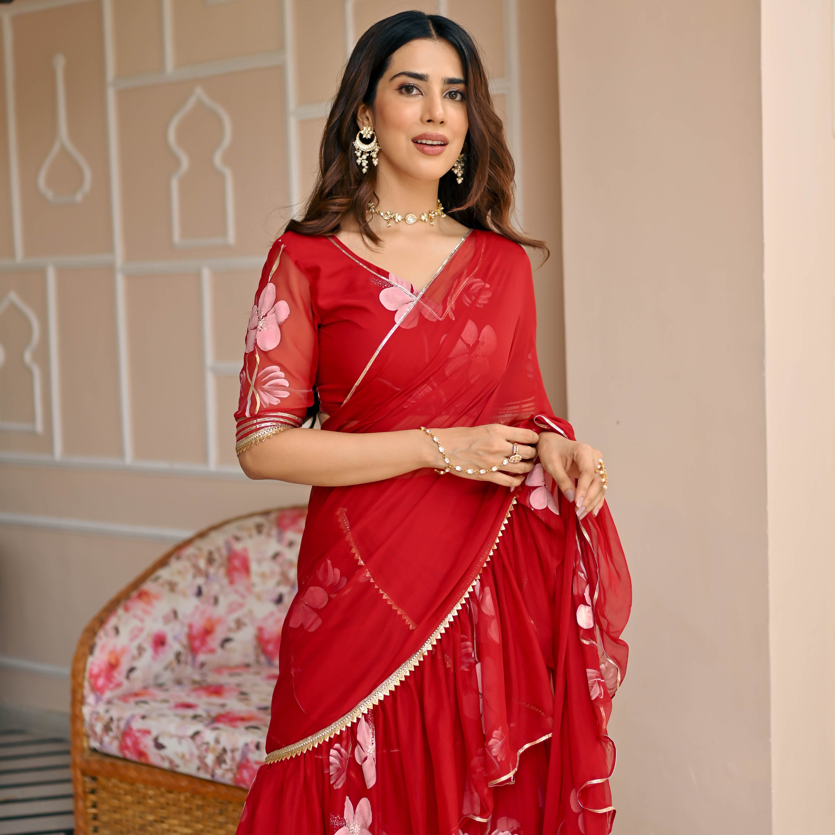 Red Handpainted Saree for Women Online
