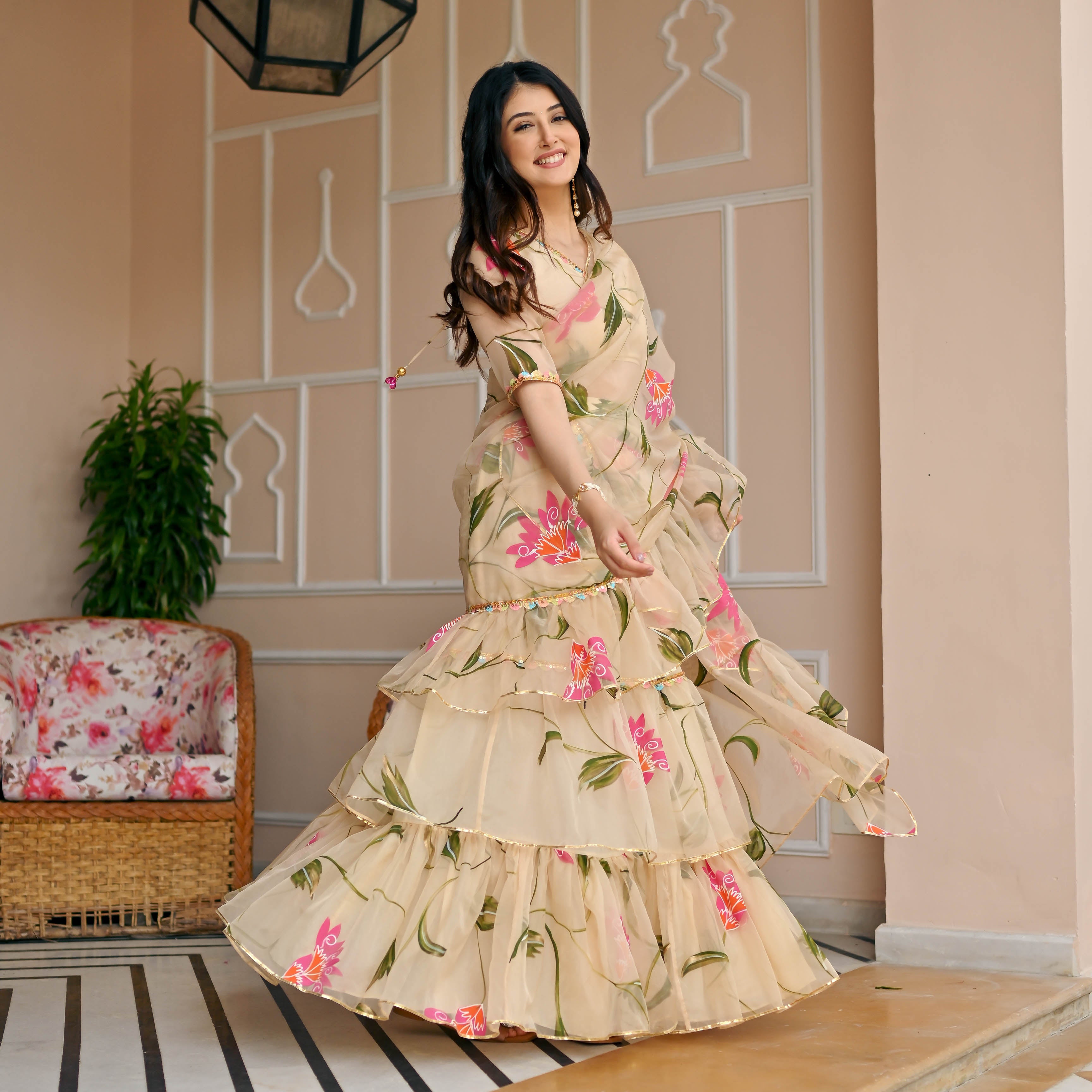 Beige Pink Floral Handpainted Draped Saree for Women Online