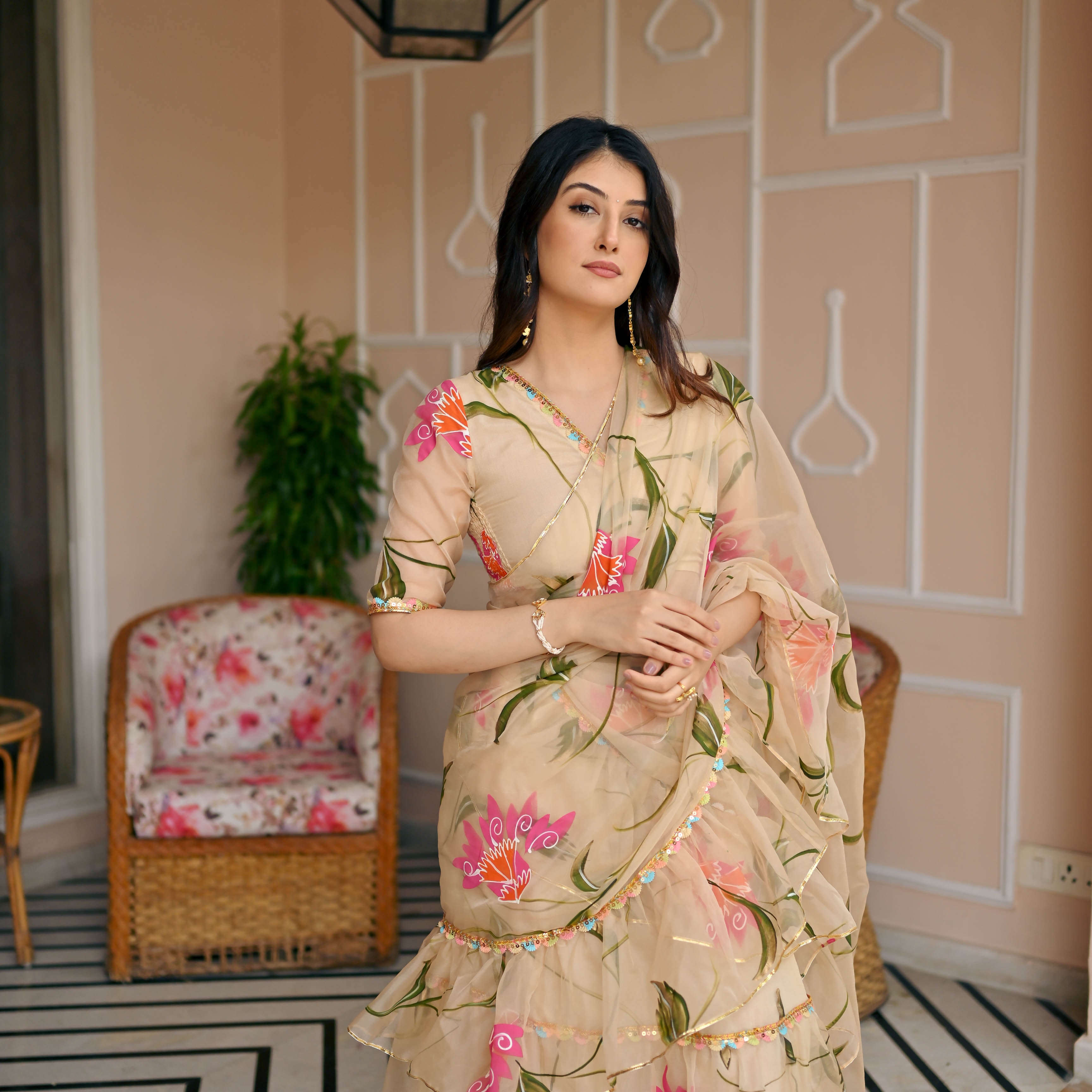 Almond Handpainted Draped Organza Saree with Blouse Online