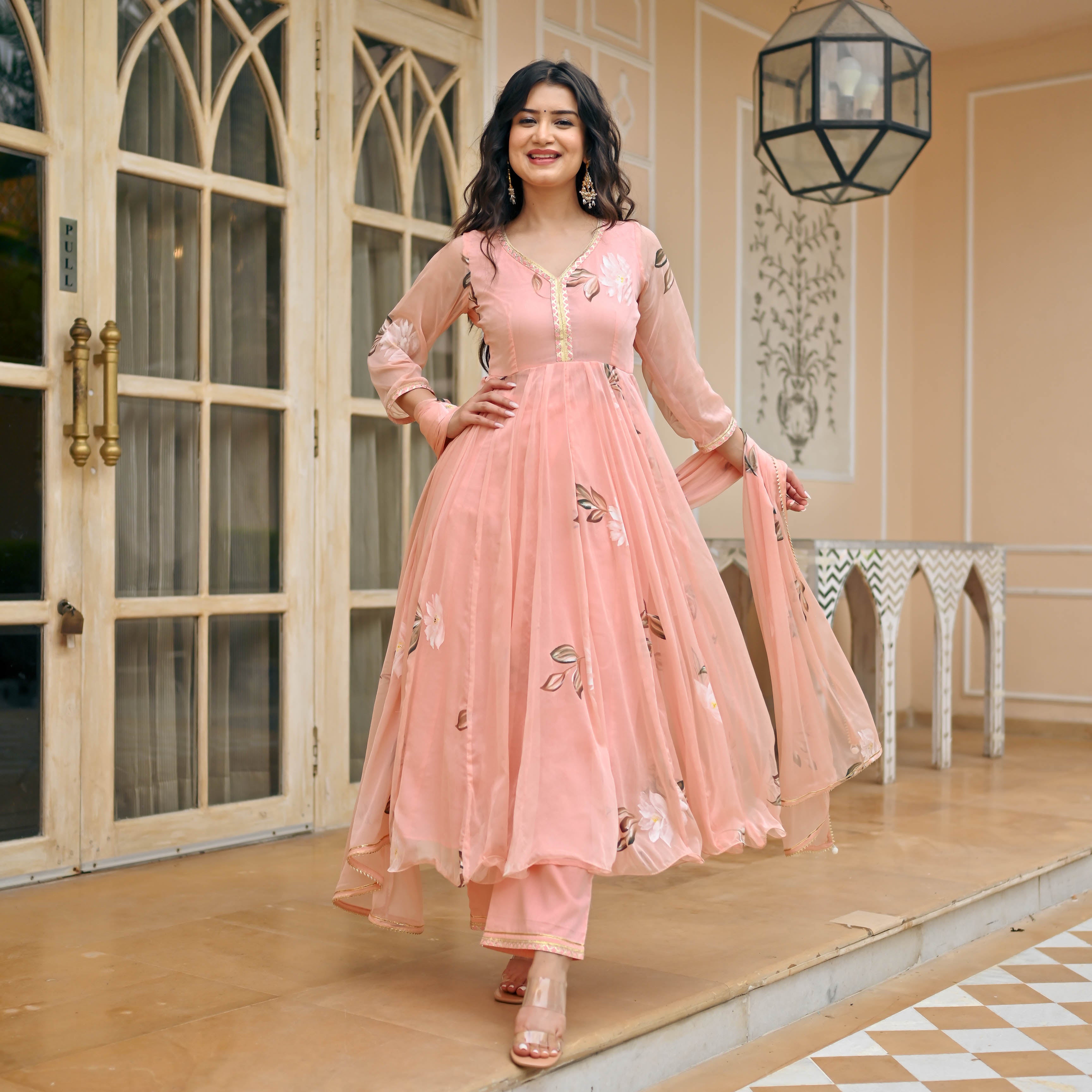 Coral Blush Peach Handpainted  Anarkali Suit Set For Women Online