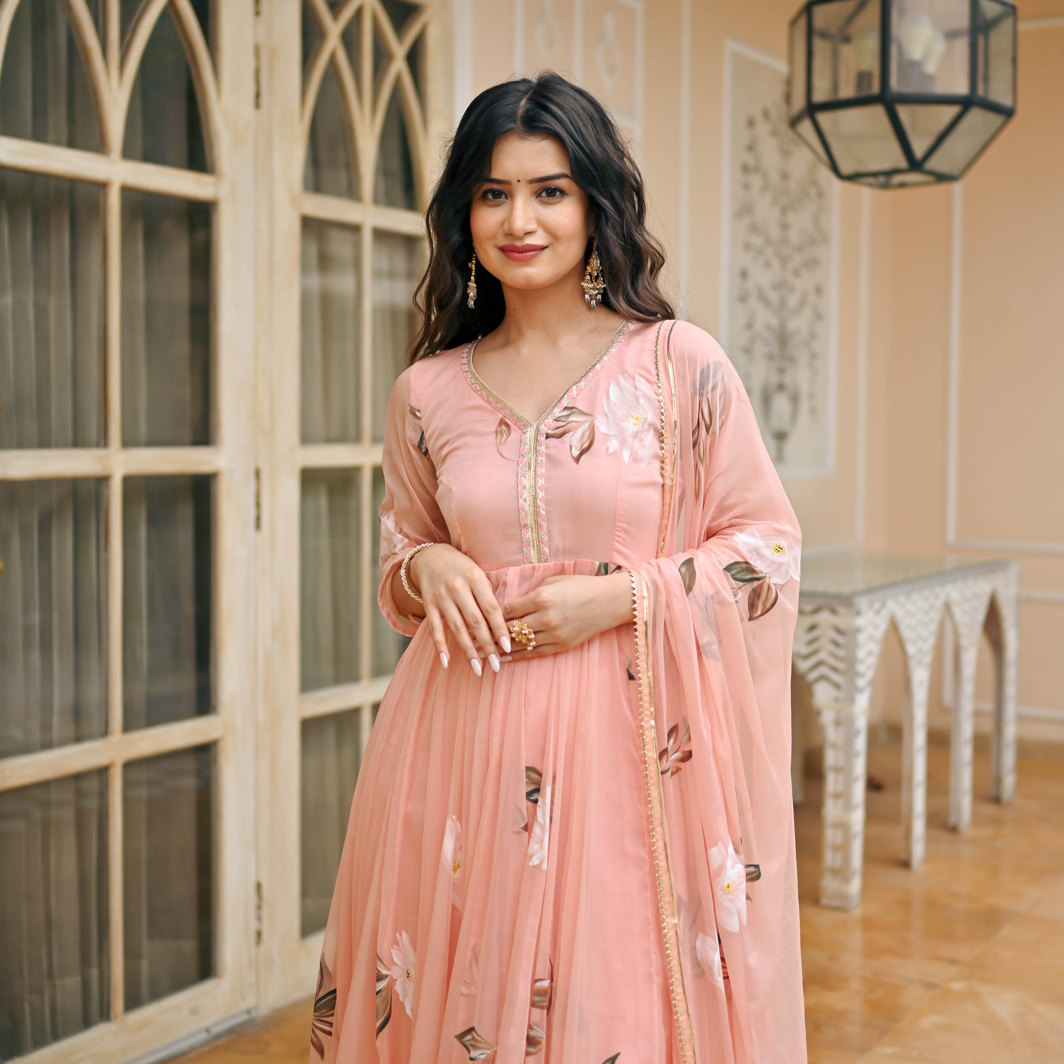 Coral Blush Peach Handpainted  Anarkali Suit Set For Women Online