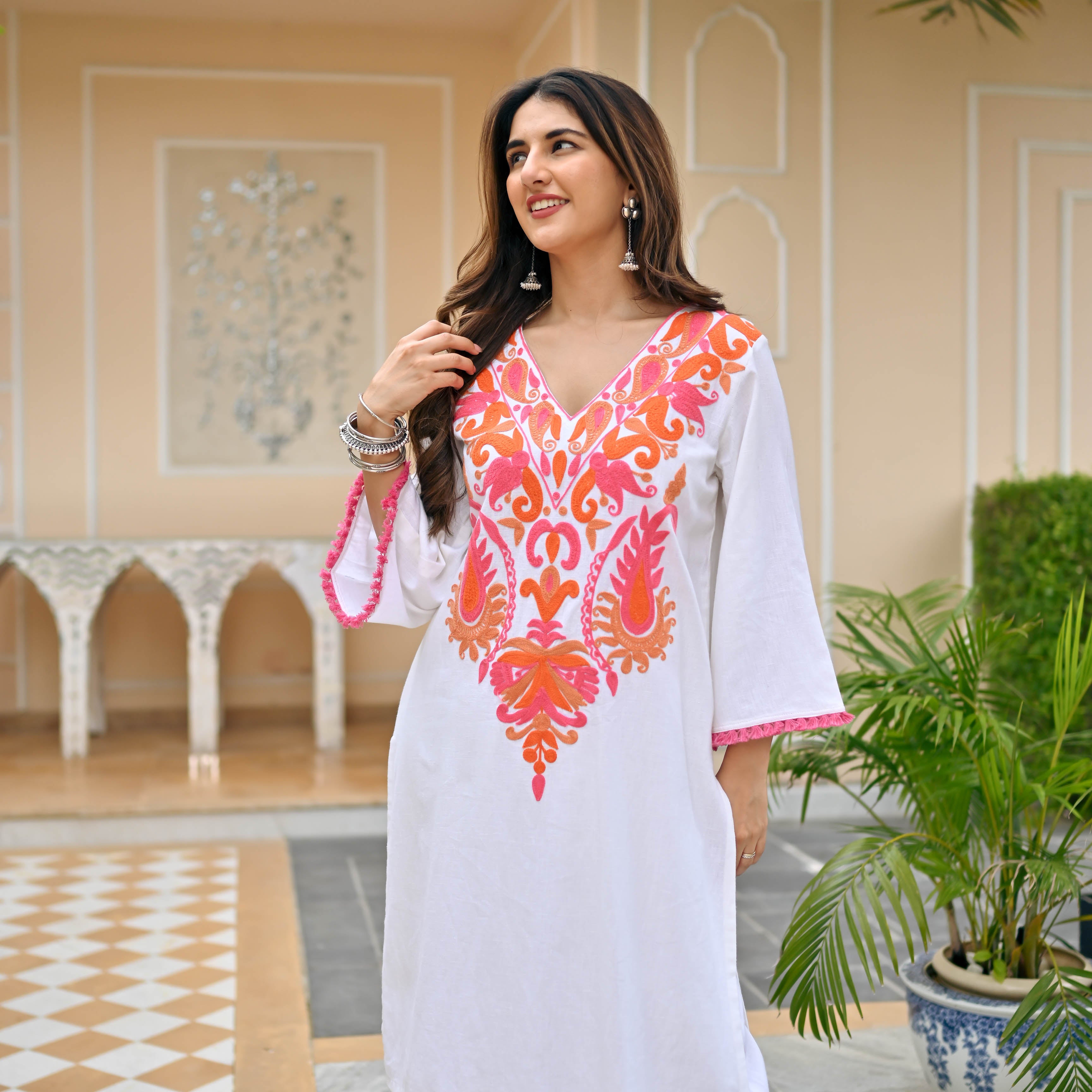 White Pink Floral Embroidered Cotton Co-ord Set For Women Online