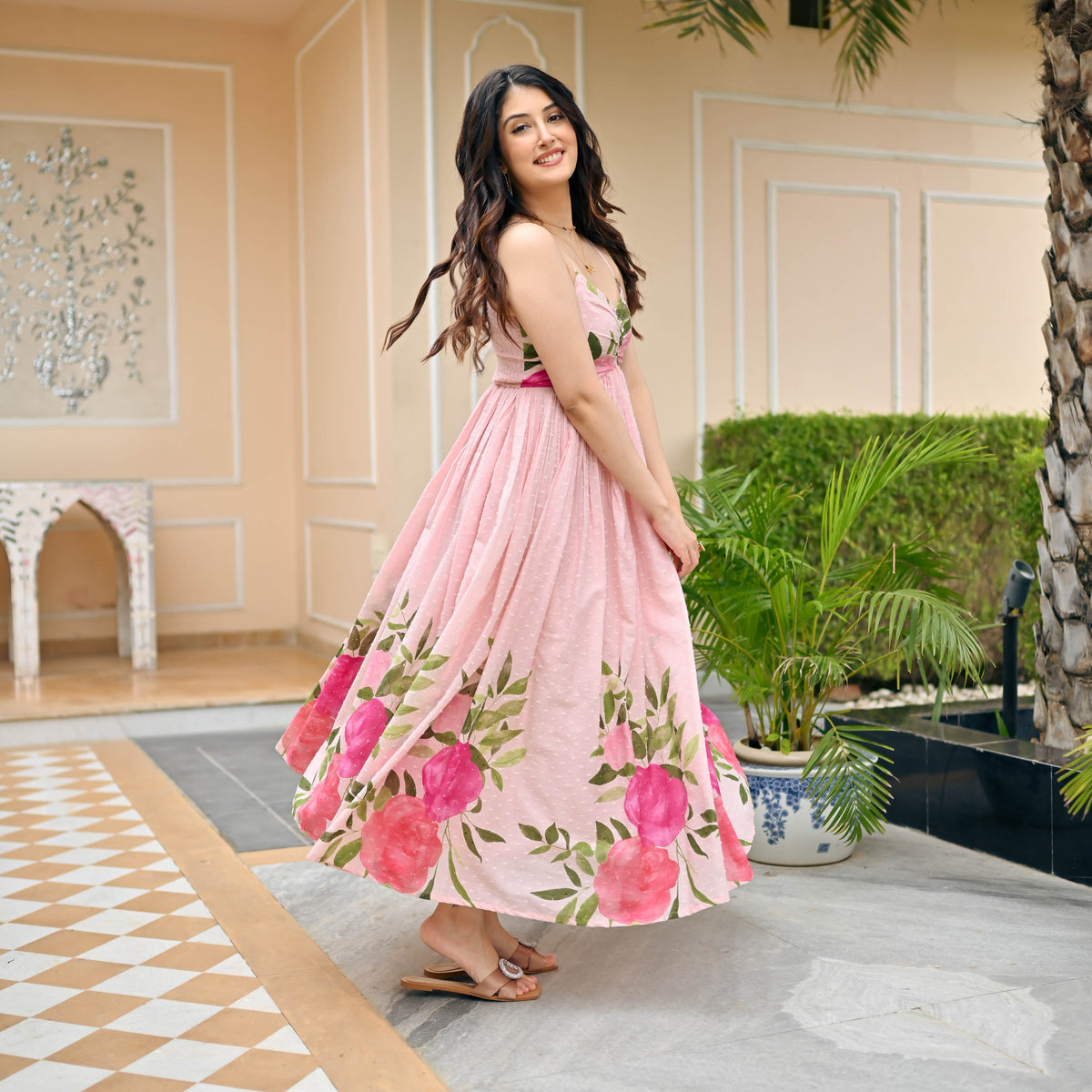 Pink Rose Cotton Dobby Dress for Women Online