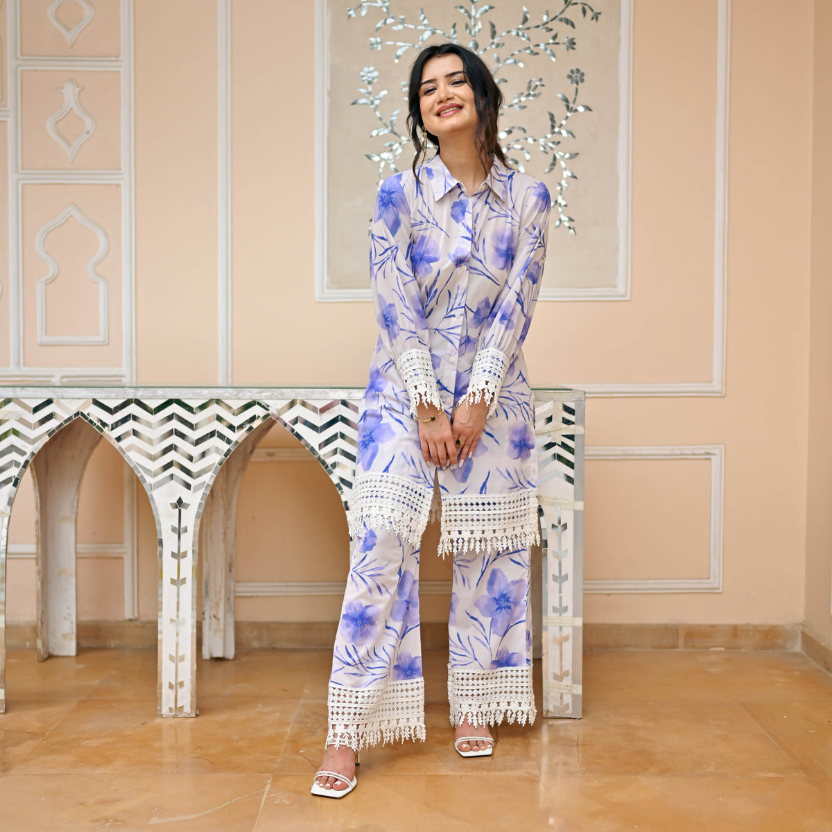 White Blue Cotton Co-ord Set for Women Online