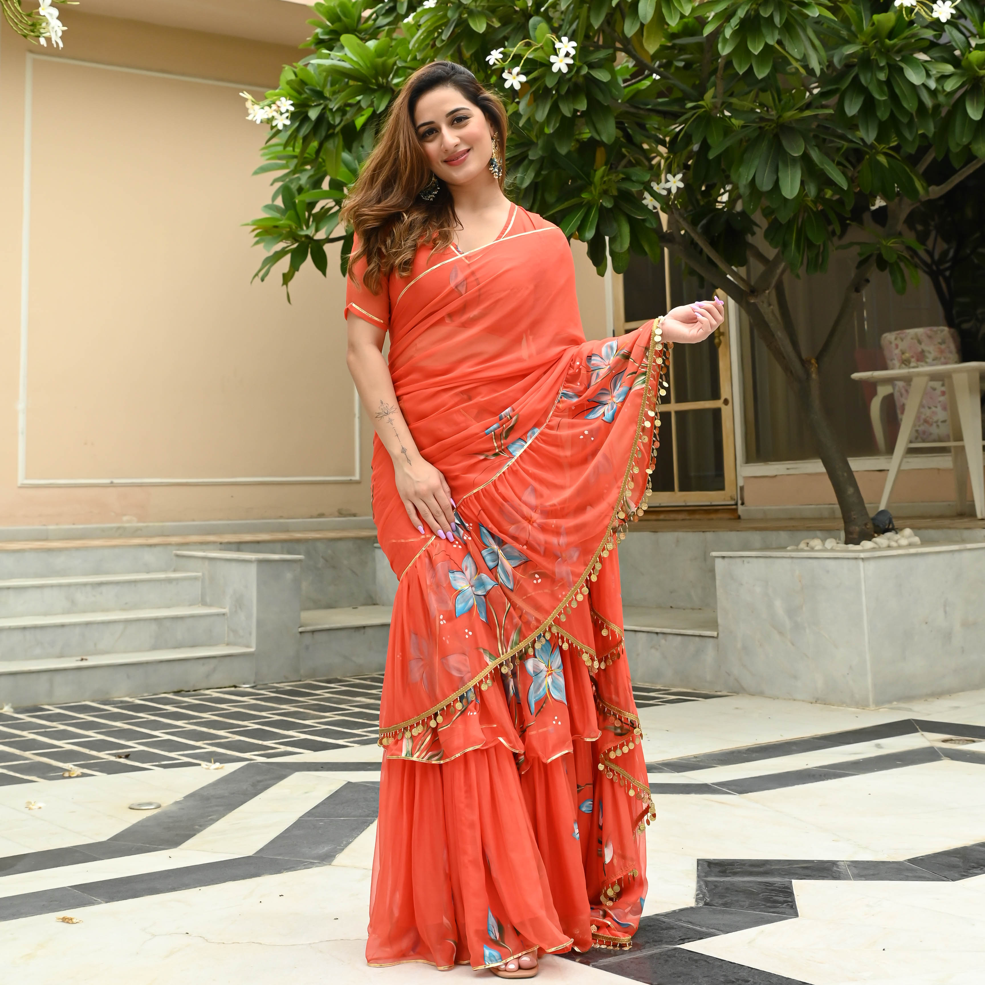 Orange Floral Handpainted Chiffon Saree for Women Online