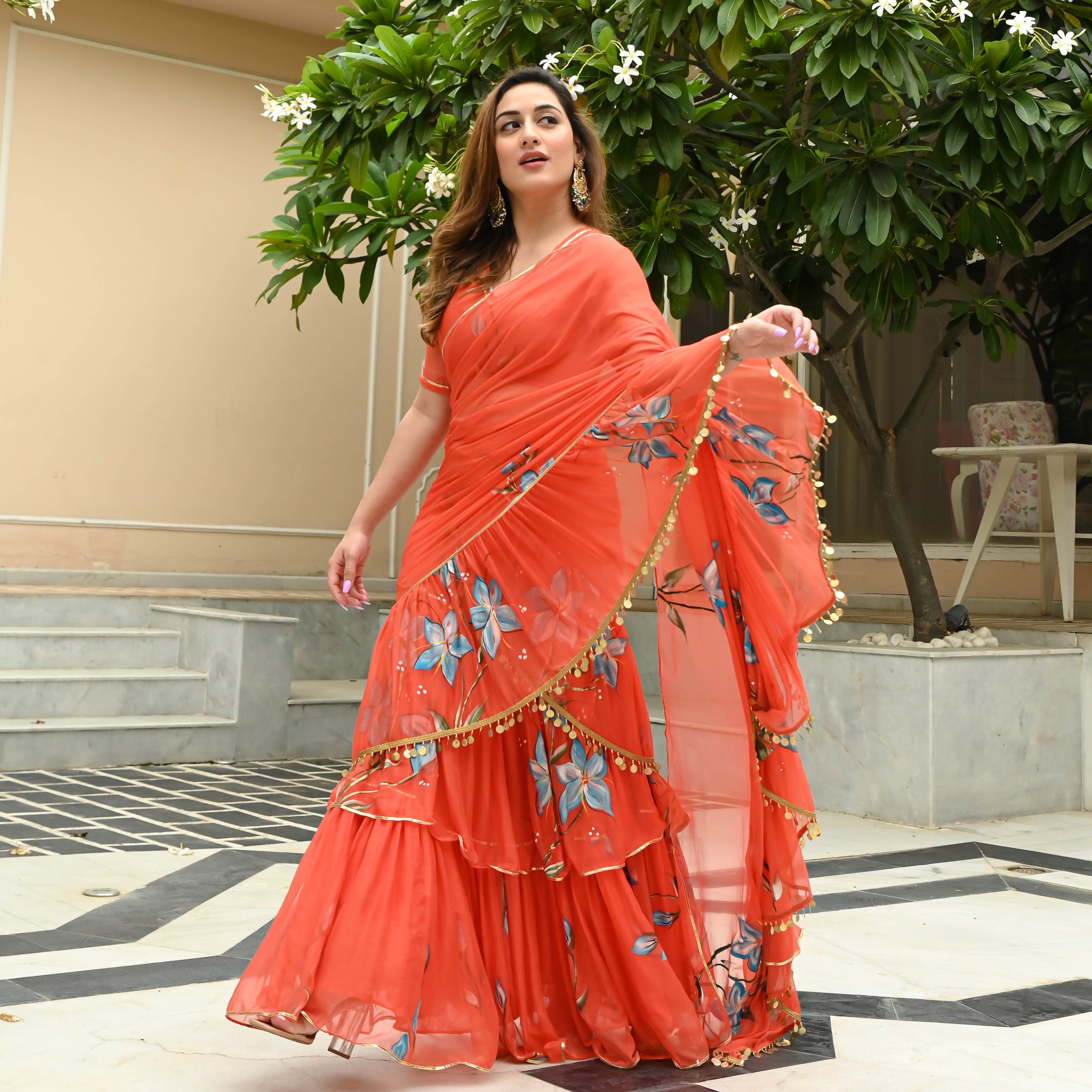 Amber Red Handpainted Draped Chiffon Saree with Blouse Online