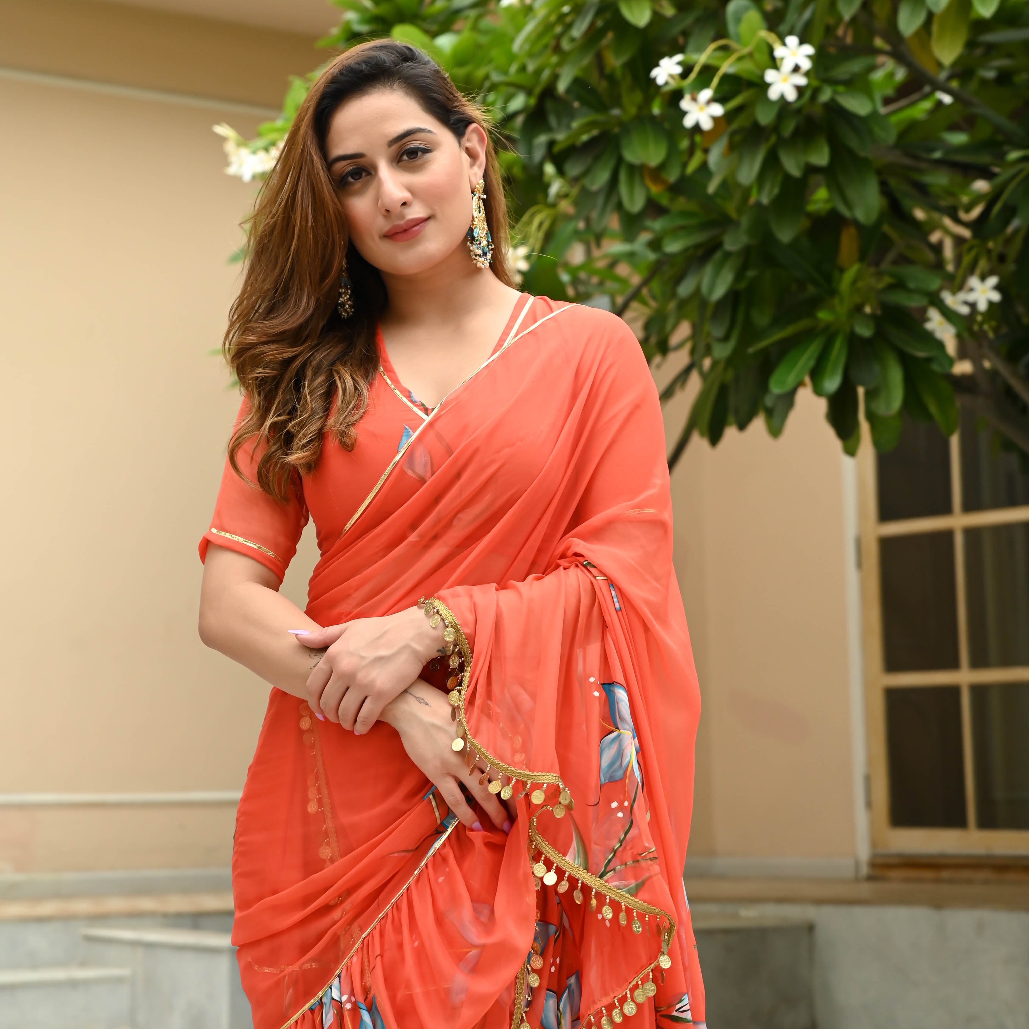 Amber Red Handpainted Draped Chiffon Saree with Blouse Online