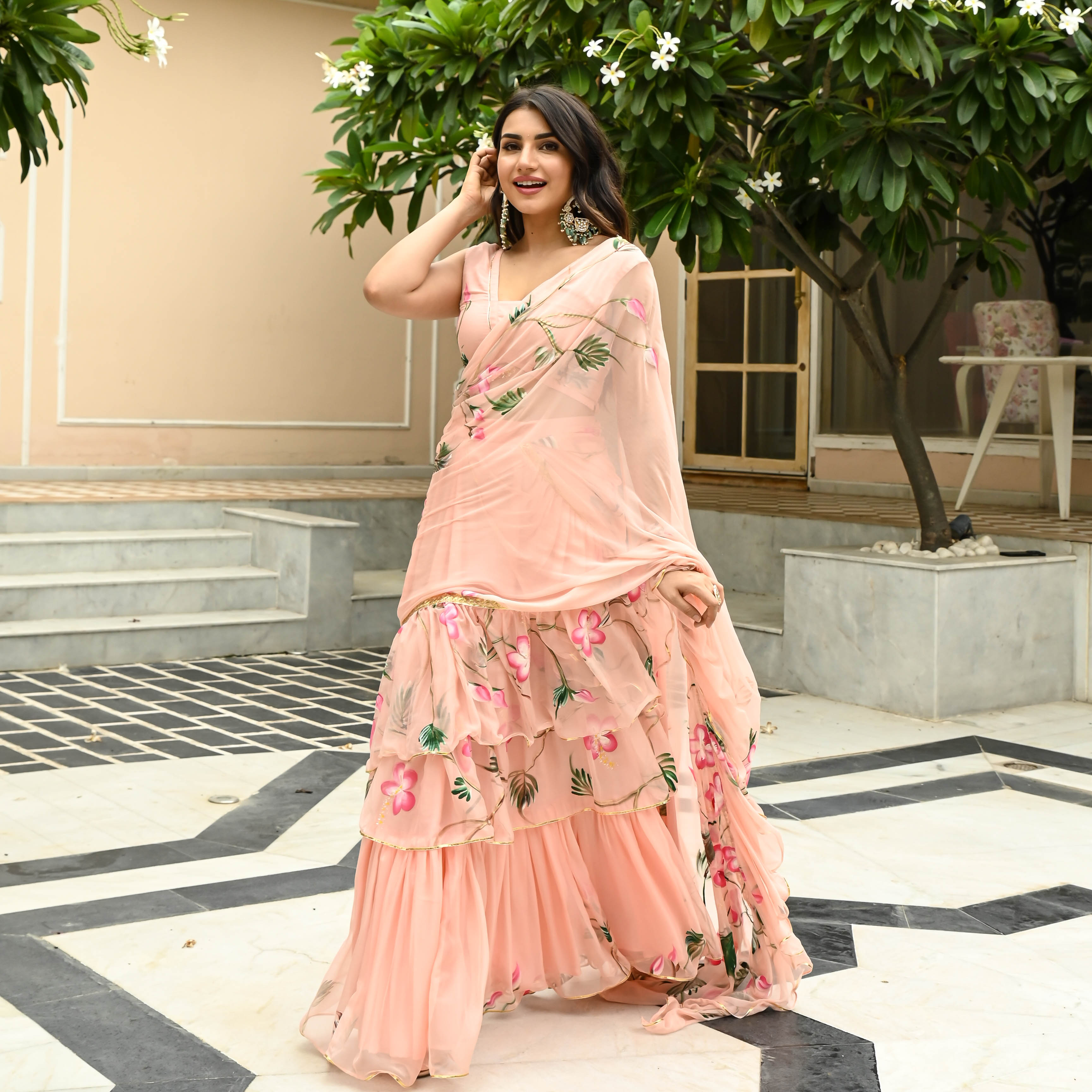 Peach Pearl Handpainted Draped Chiffon Saree with Blouse Online