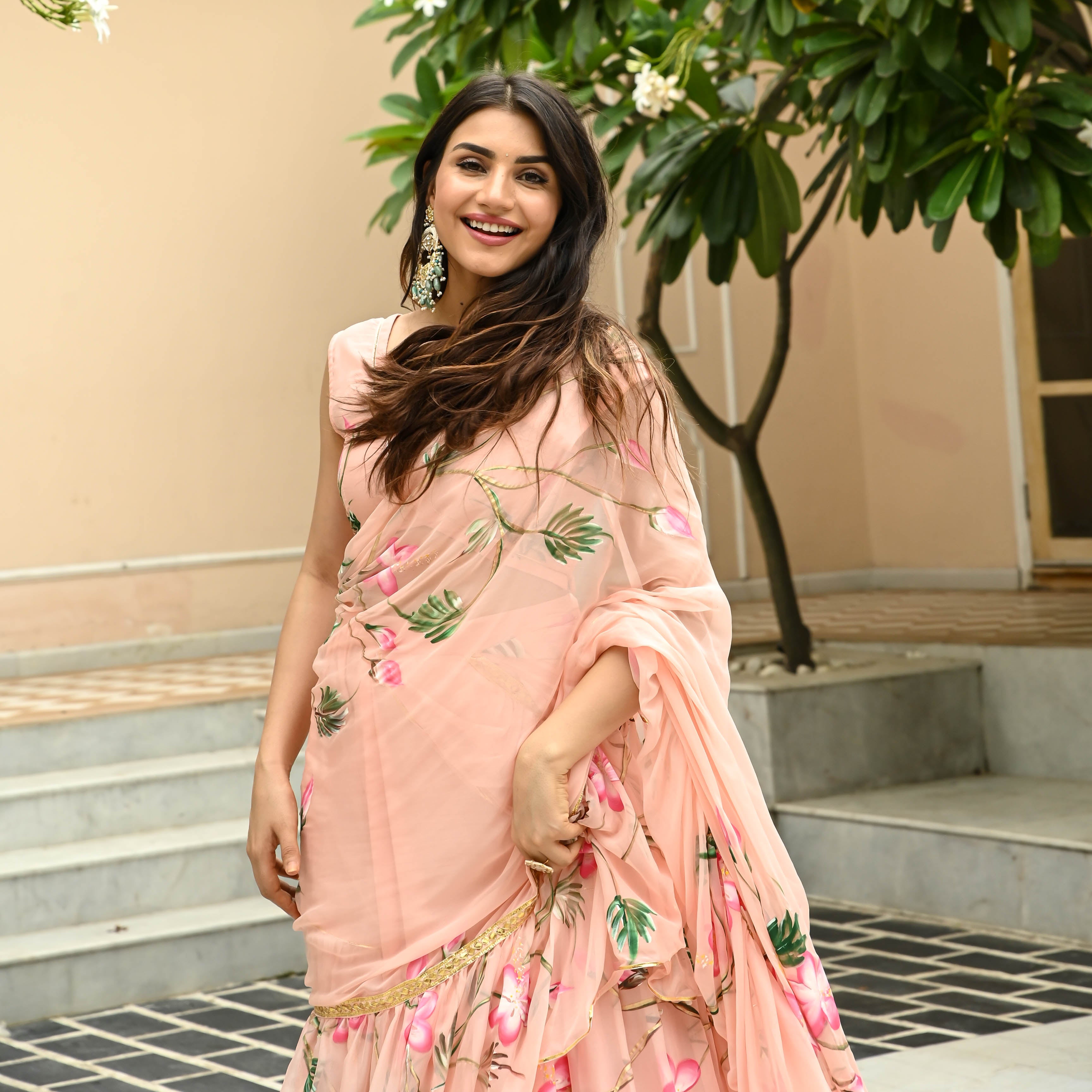 Peach Pearl Handpainted Draped Chiffon Saree with Blouse Online