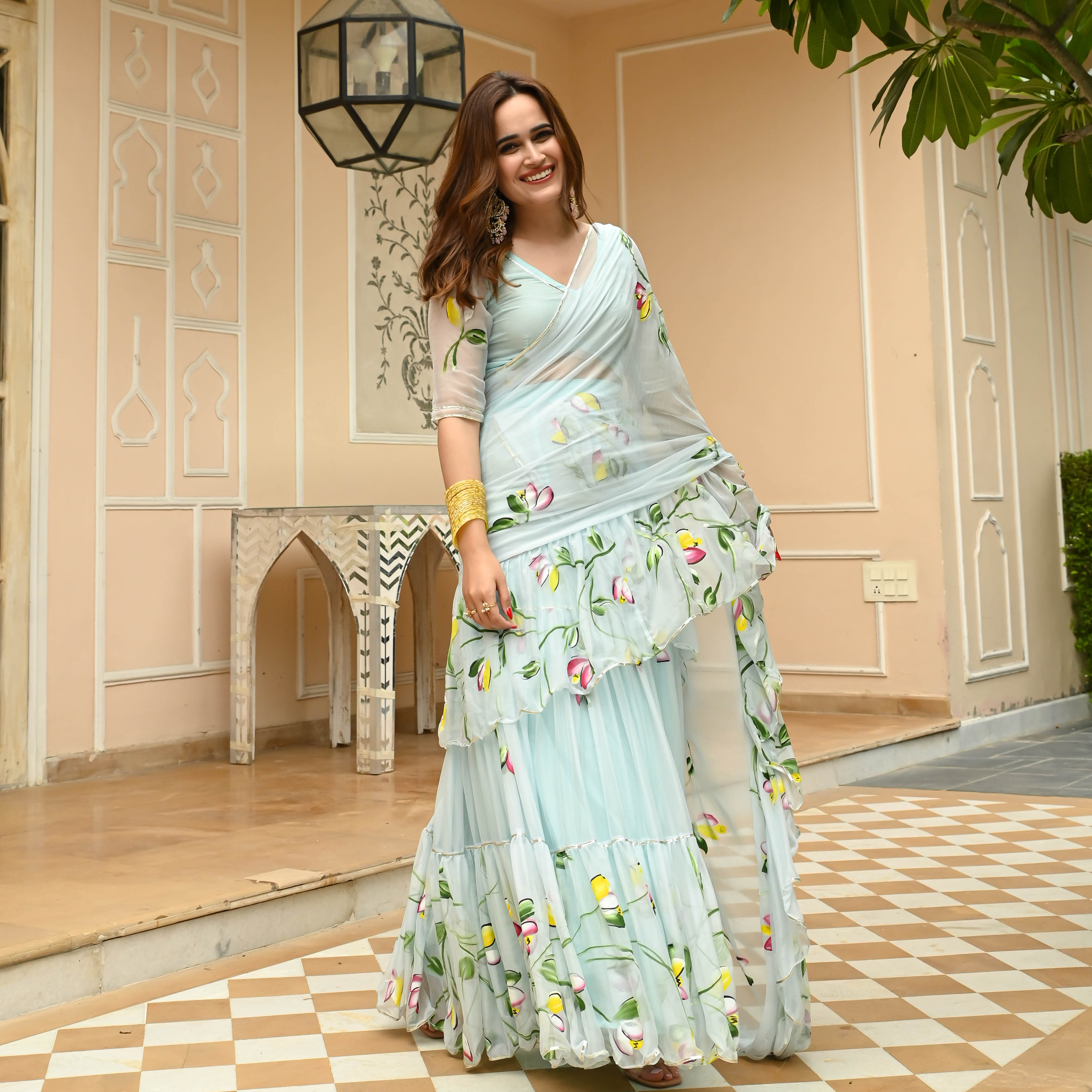 Blue Blush Handpainted Draped Chiffon Saree with Blouse Online