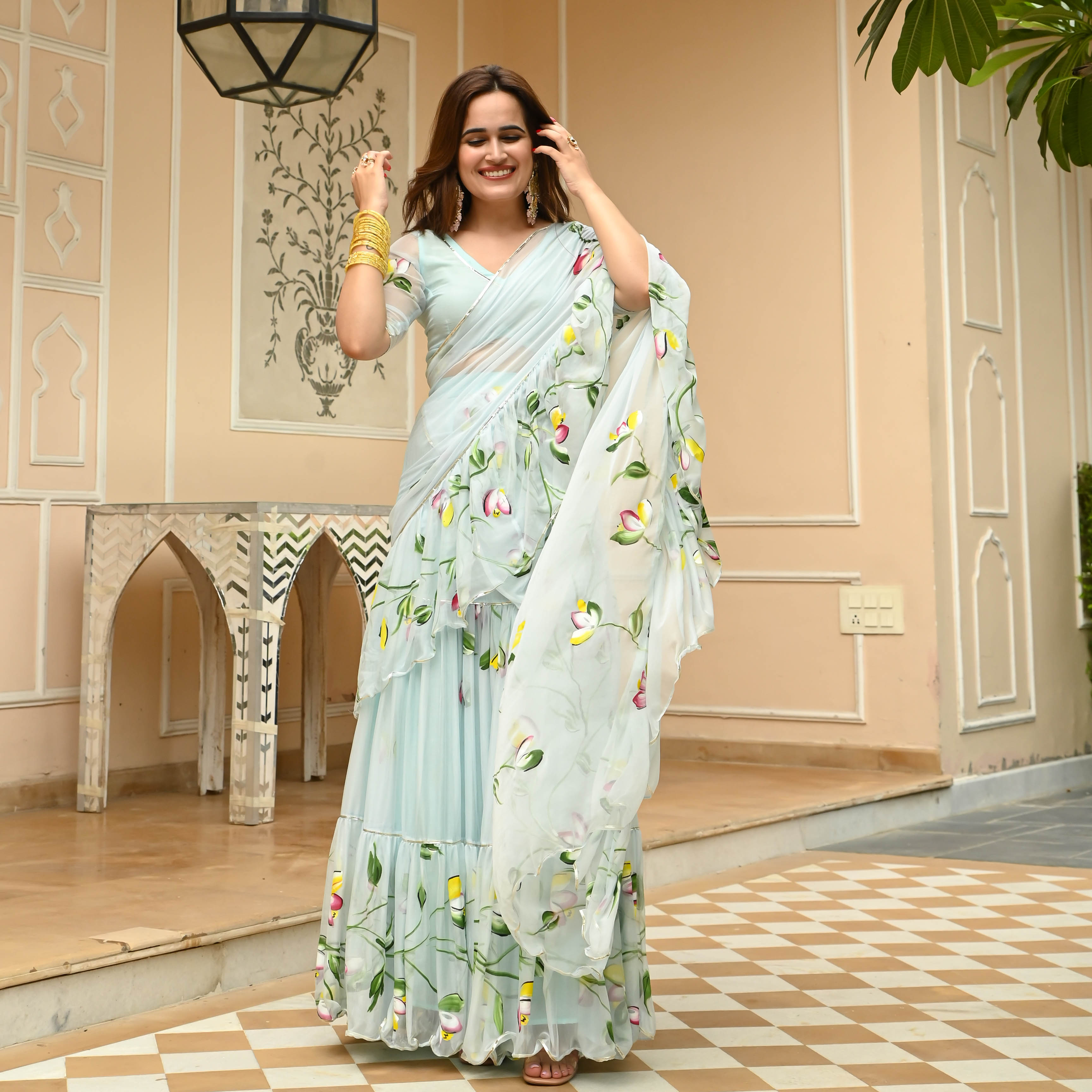 Pastel Blue Handpainted Saree for Women Online