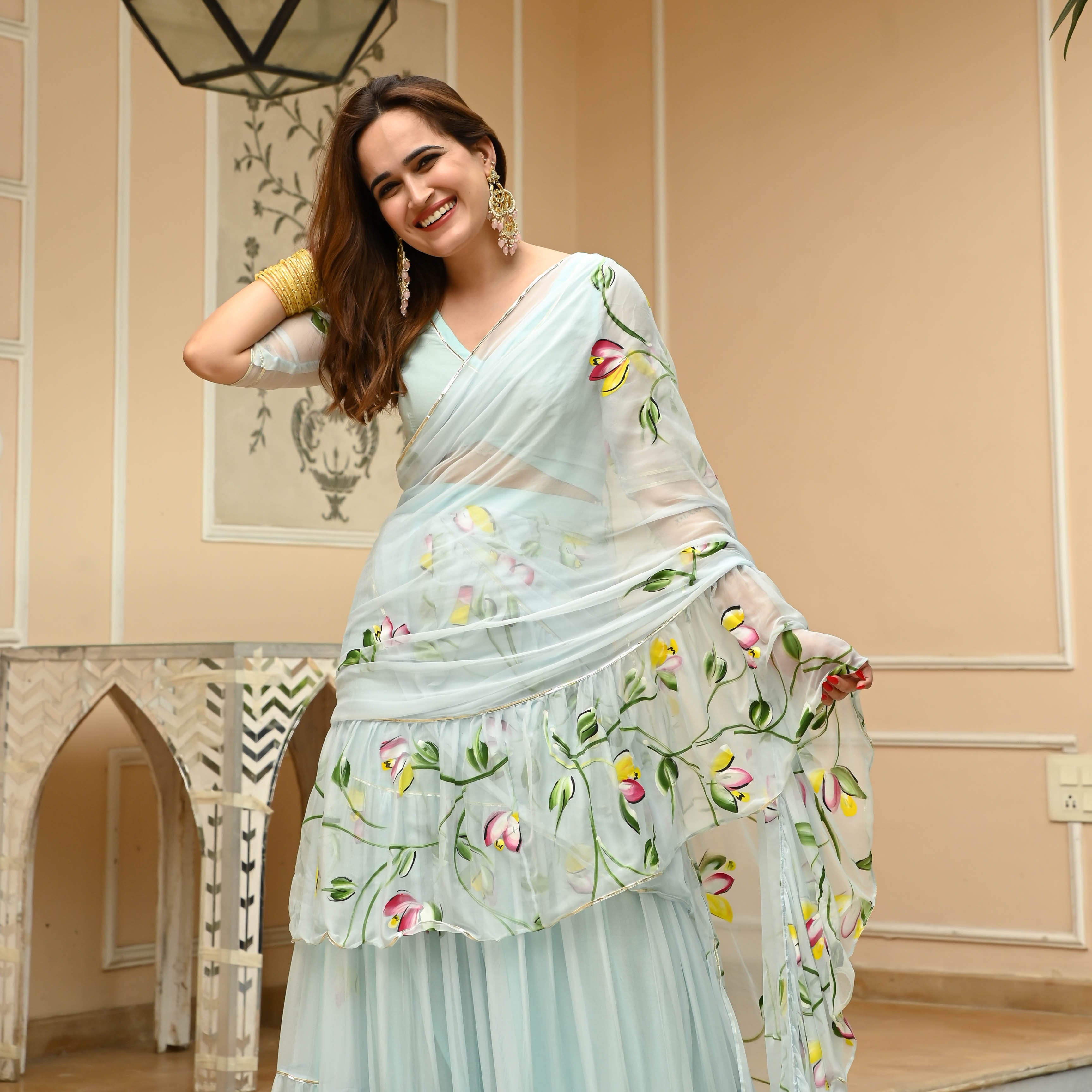Pastel Blue Handpainted Saree for Women Online