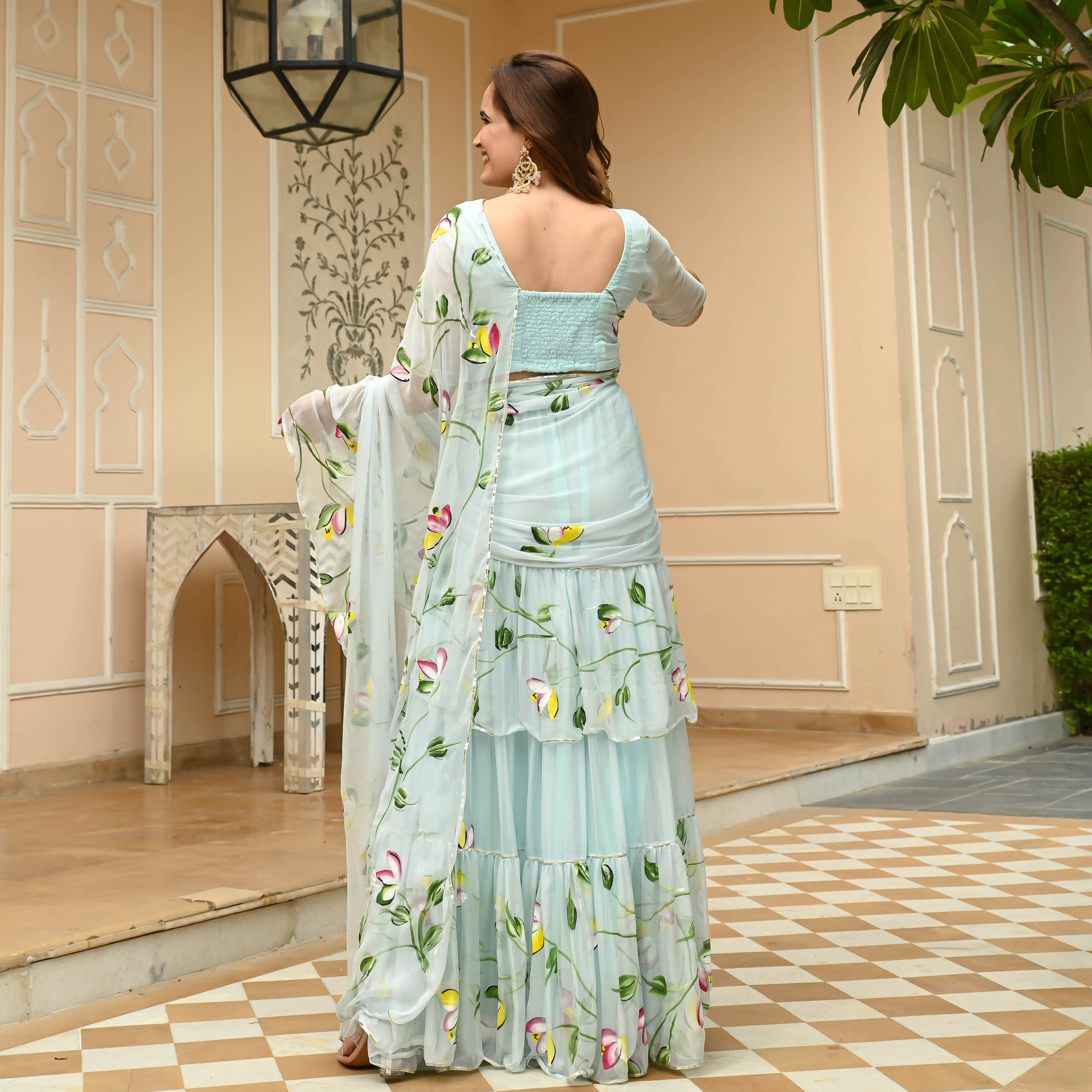 Pastel Blue Handpainted Saree for Women Online