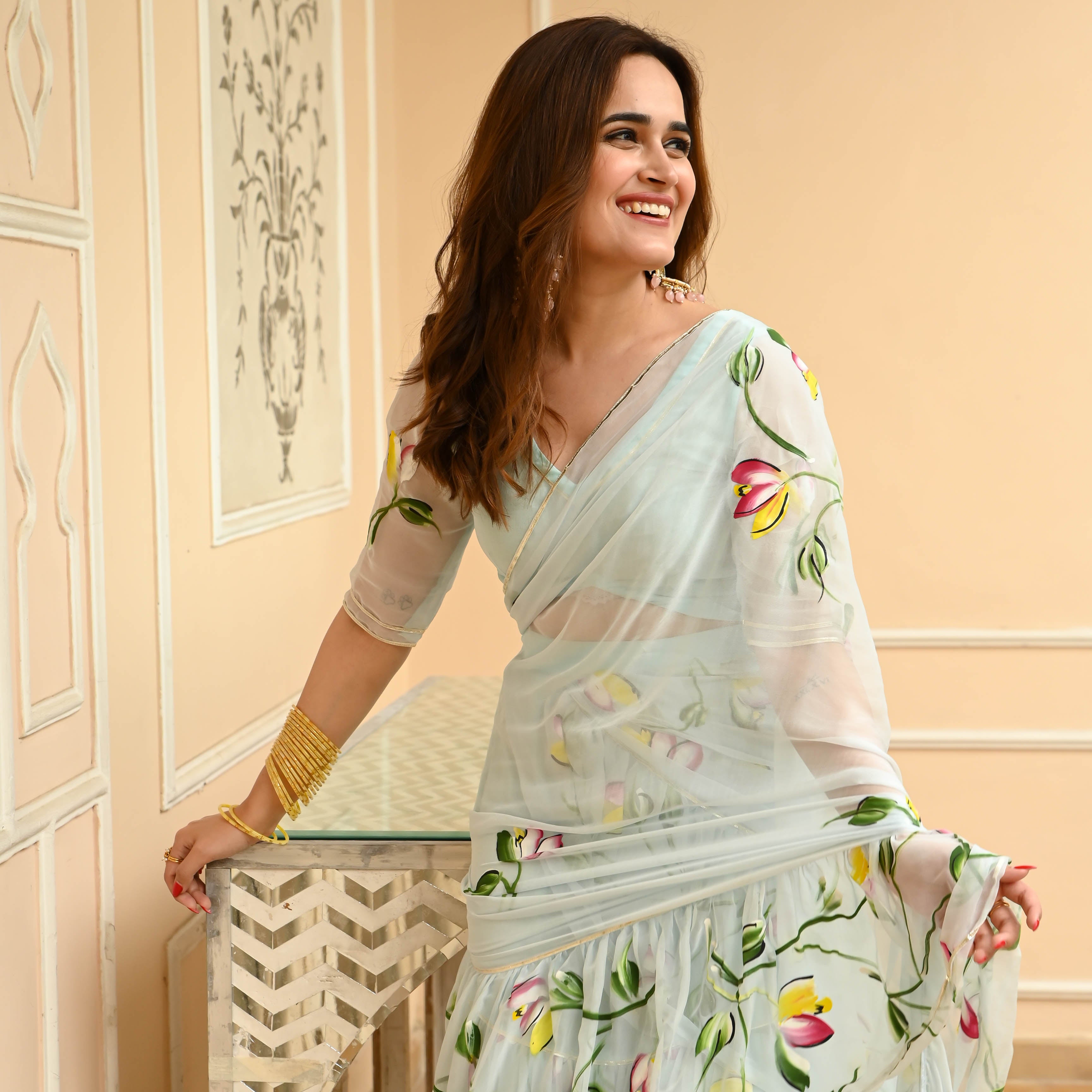 Blue Blush Handpainted Draped Chiffon Saree with Blouse Online