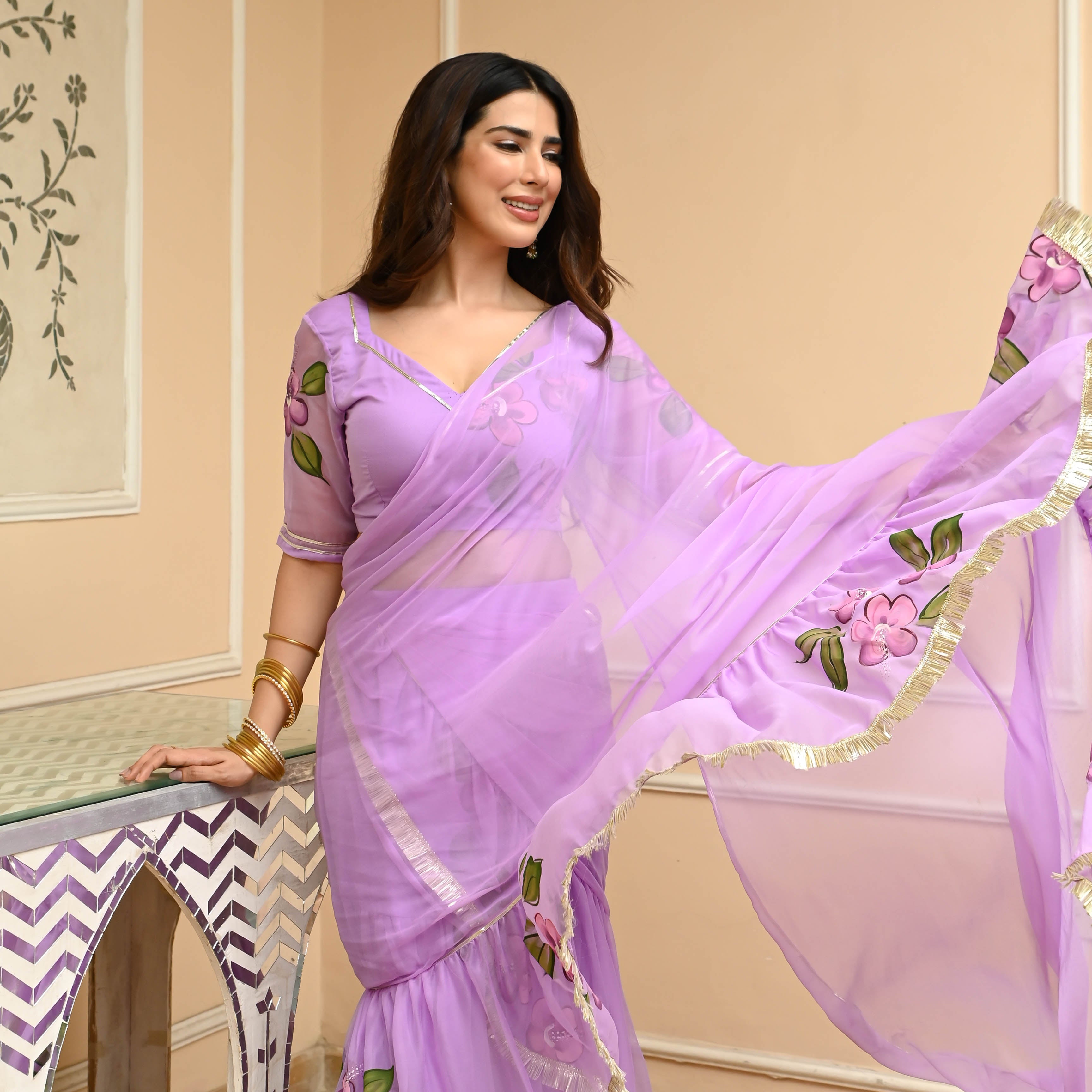 Orchid Purple Handpainted Draped Chiffon Saree with Blouse Online