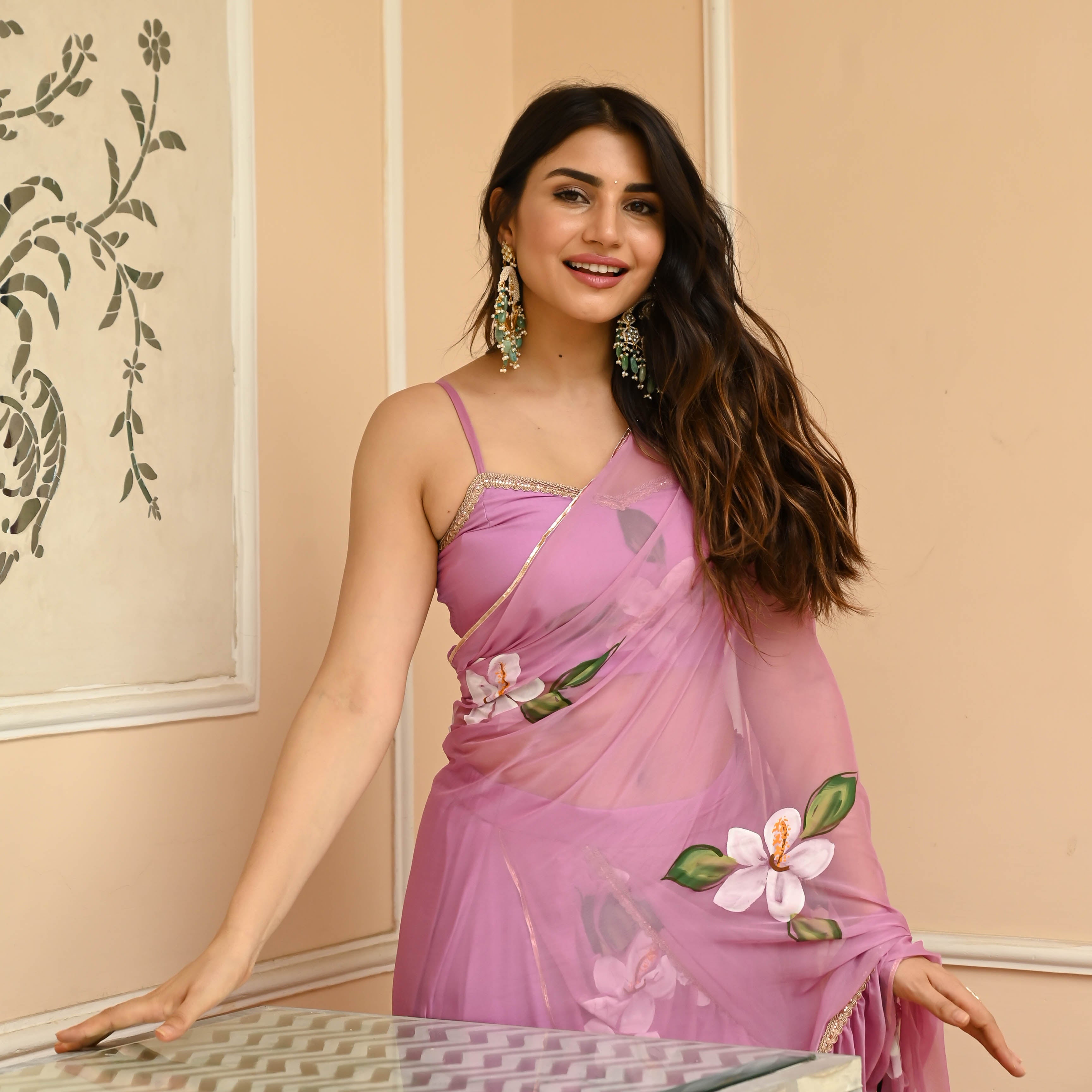 Pastel Pink Handpainted Draped Chiffon Saree with Blouse Online
