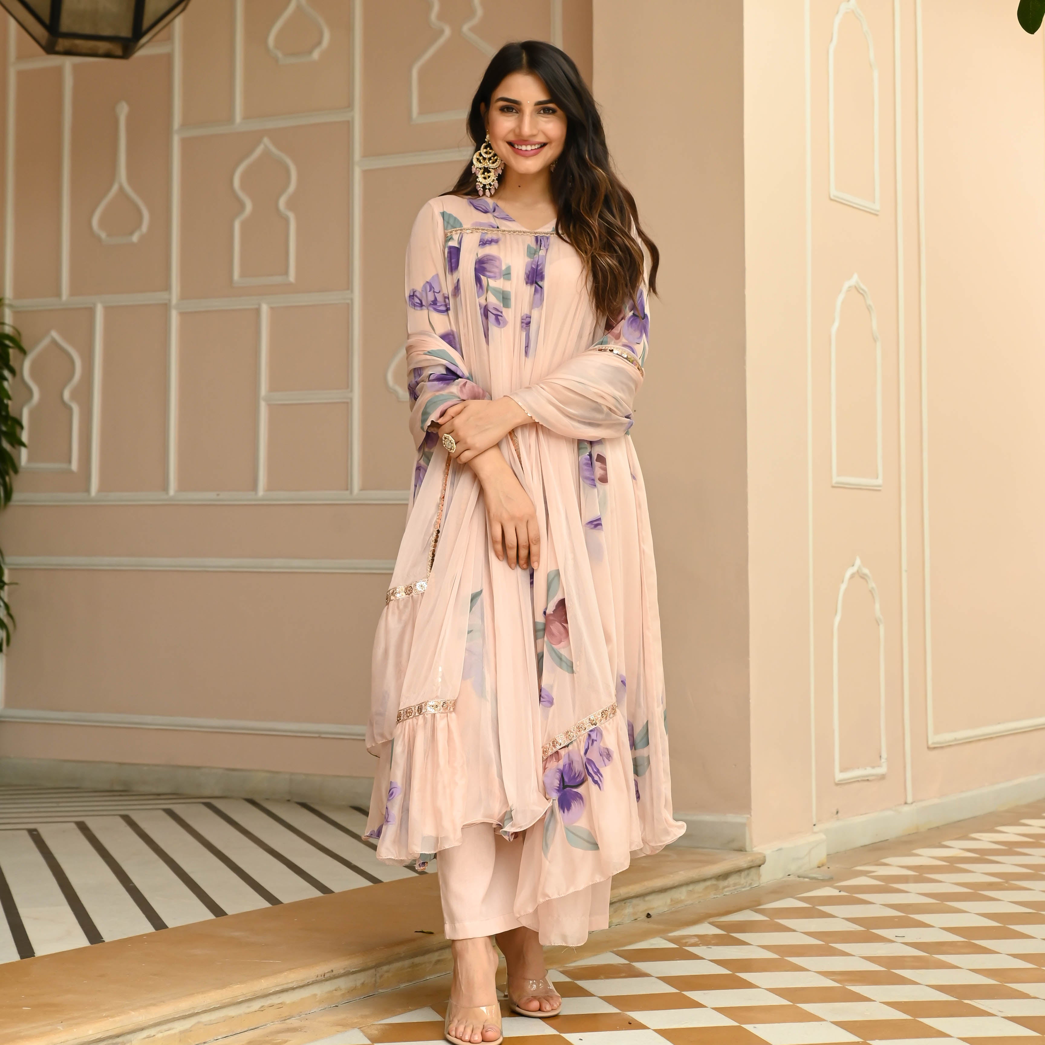 Delicacy Beige Handpainted Anarkali Suit Set For Women Online