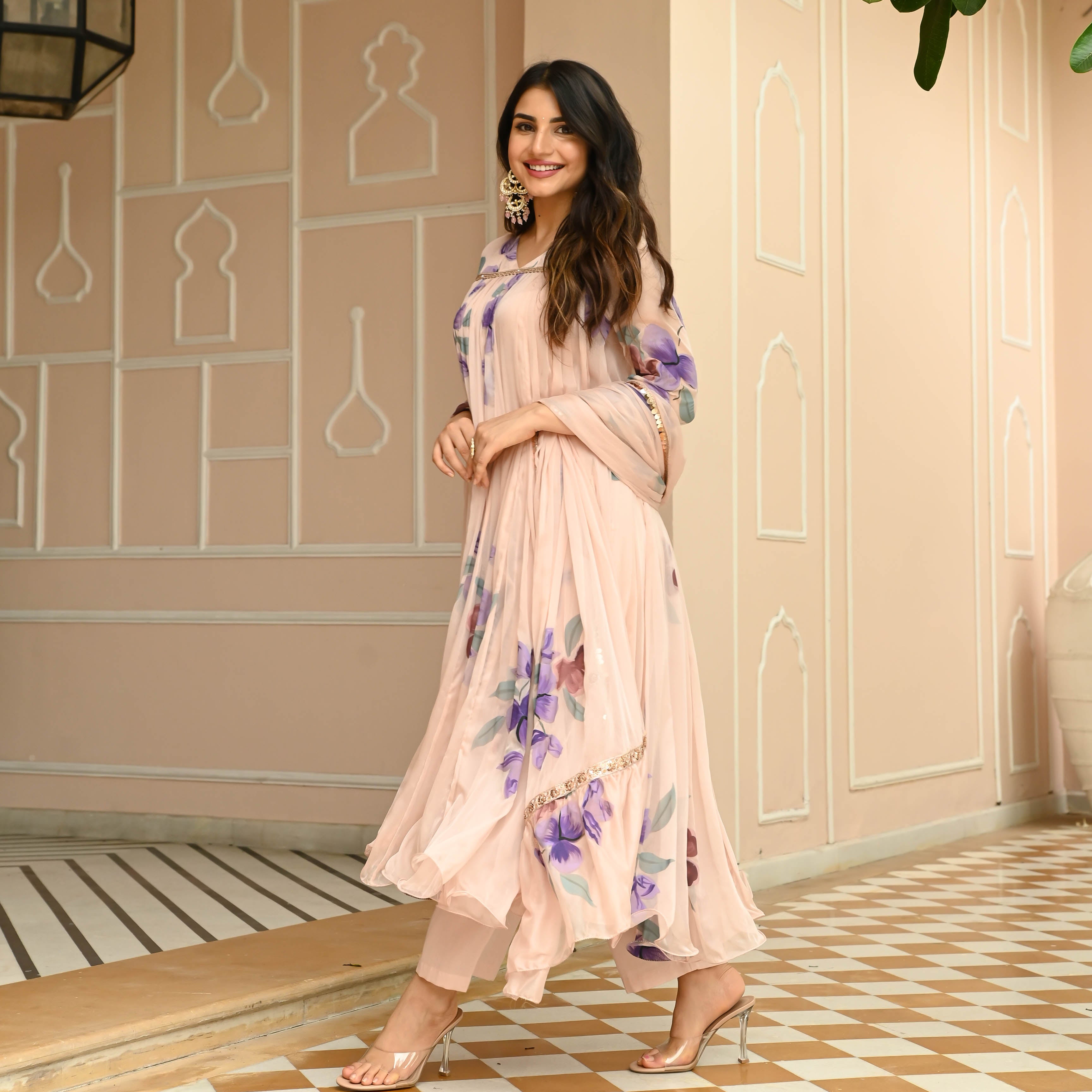 Biege Purple Handpainted Anarkali Suit Set for Women Online